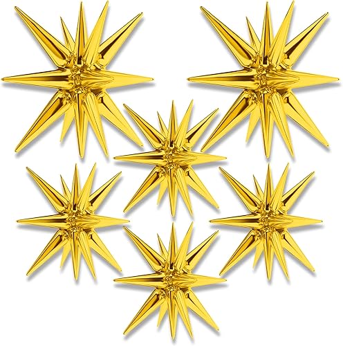 BlingABC Globos de papel de aluminio con forma de estrella de explosión dorada, 6 unidades, globos mágicos de cono de 14 puntos, grandes para bodas,