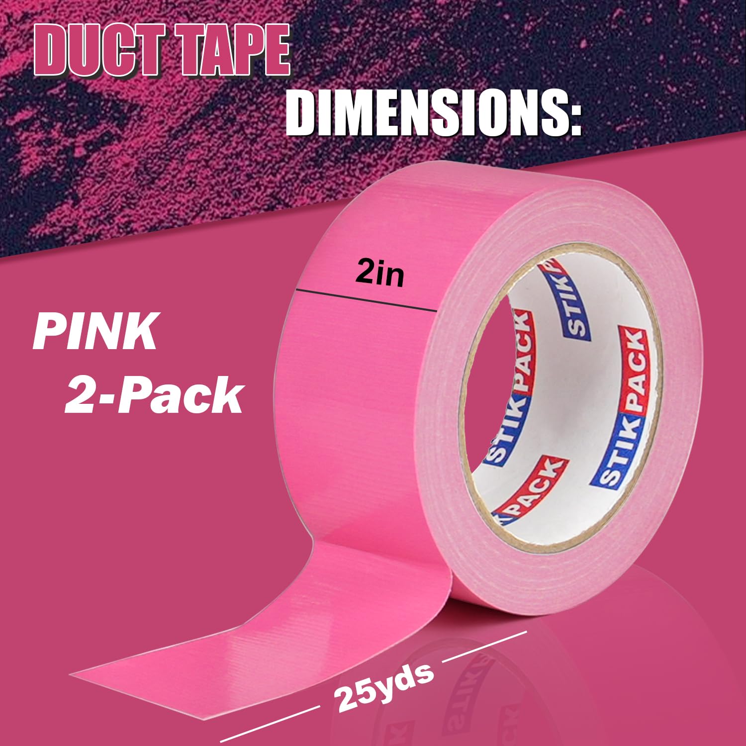 2 Rolls Pink Duct Tape, Heavy Duty Strong Industrial Colored Duct Tape 9mil x 2inch x 25yds Flexible, No Residue, Waterproof and Tear by Hand, Multi-Use for Indoor & Outdoor Repairs
