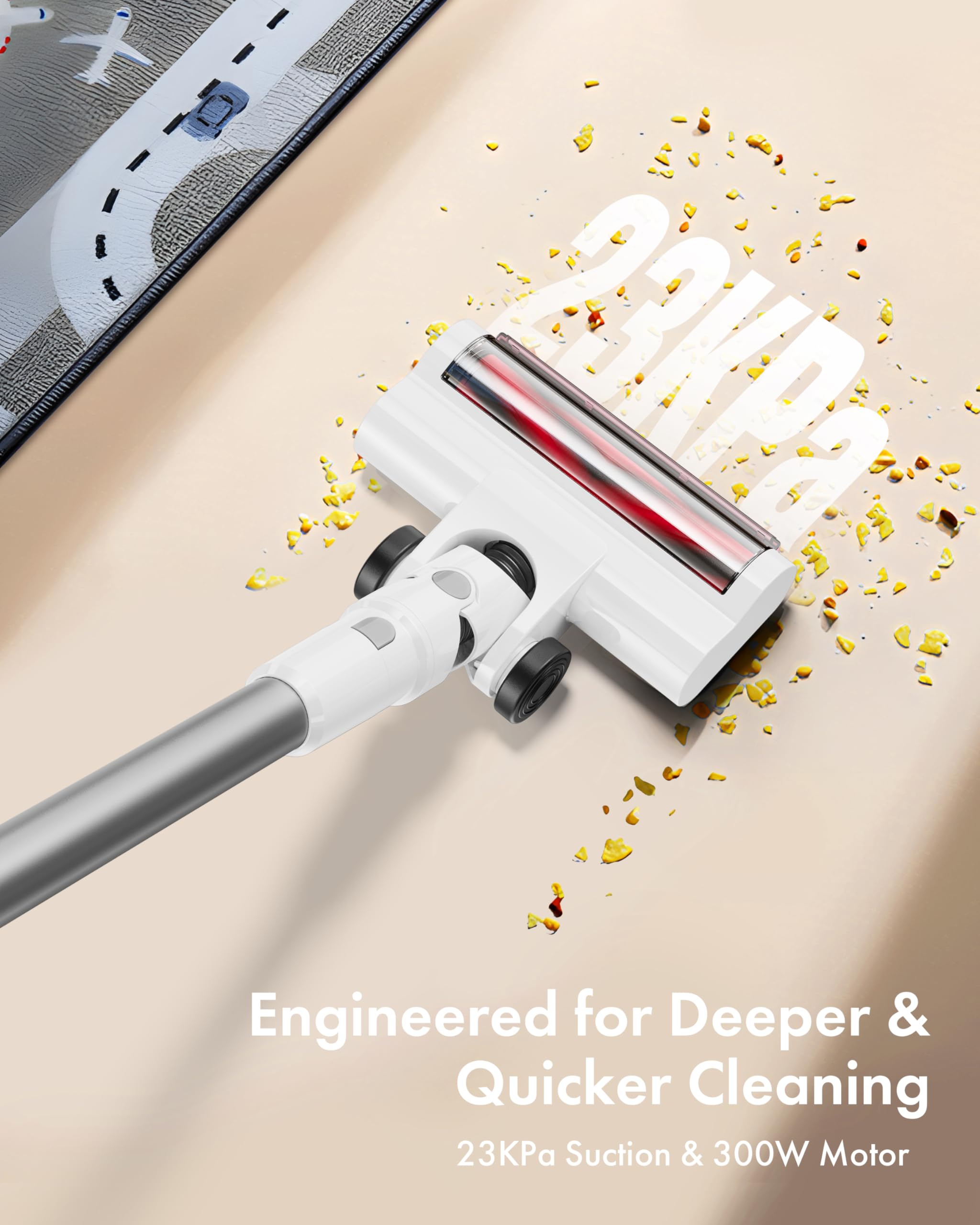 Dezkly Cordless Vacuum Cleaner, 8 in 1 Lightweight Stick Vacuum with Sofa Brush, 300W Motor, 23KPa Max Suction, 48mins Runtime Rechargeable Vacuums for Hardwood Floor, Carpets, Pet Hair, White