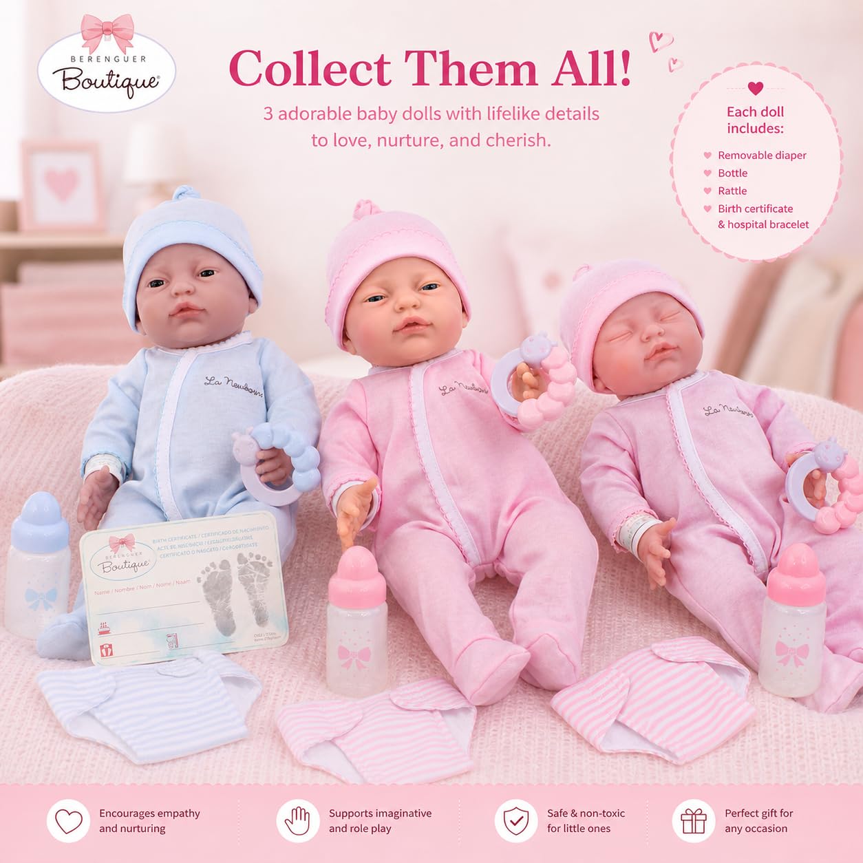 JC Toys 38,1 cm realistische Babypuppe für Neugeborene, hergestellt in Spanien, weicher Vinylkörper mit Zubehör, rosa gekleidet