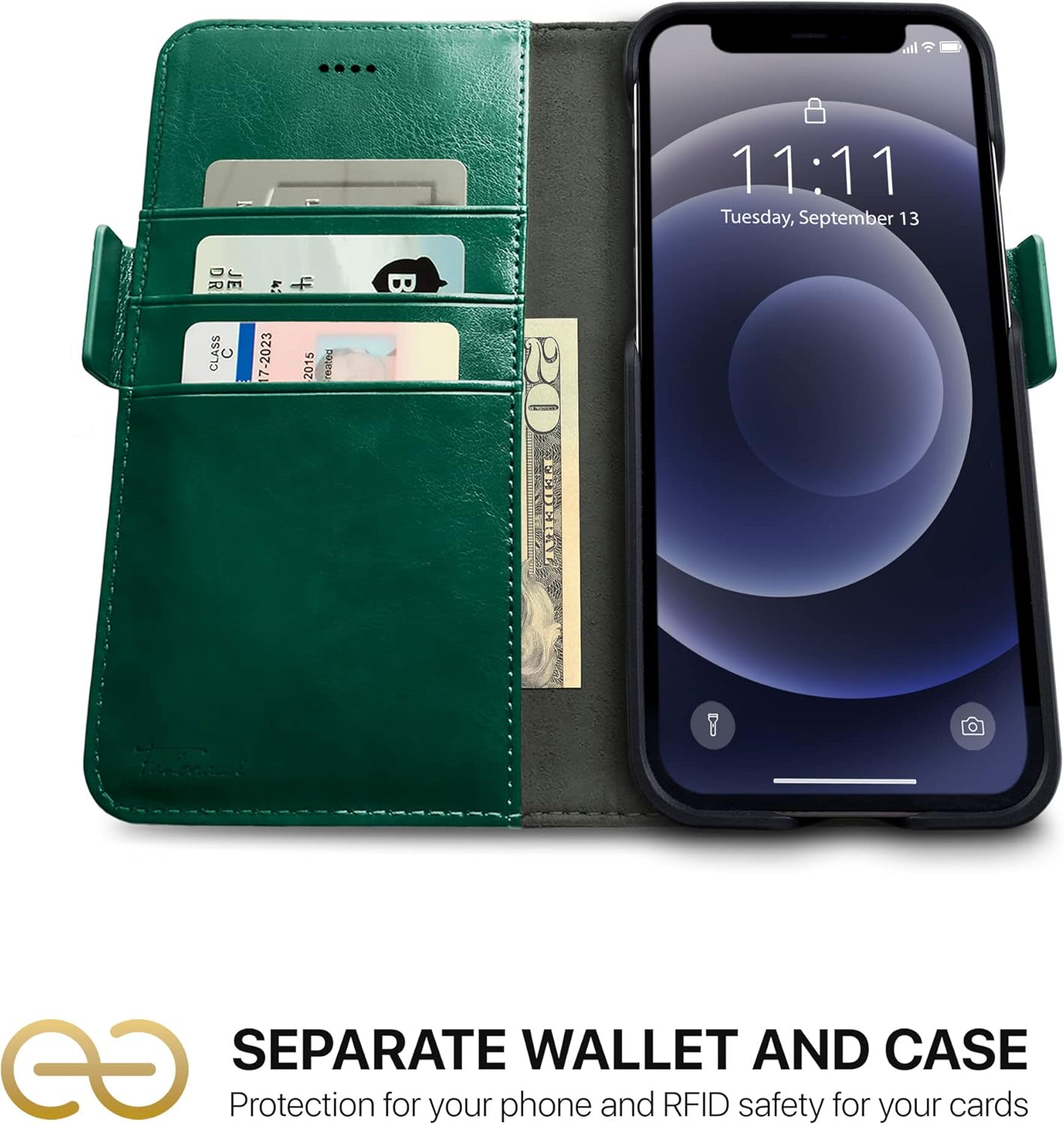 Dreem Fibonacci 2-in-1 Wallet Case for Apple iPhone 12 & 12 Pro - Luxury Vegan Leather, Magnetic Detachable Shockproof Phone Case, RFID Card Protection, 2-Way Flip Stand - Green