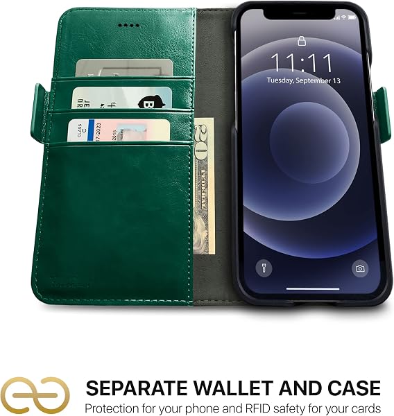 dreem Fibonacci 2-in-1 Wallet Case for Apple iPhone 12 & 12 Pro - Luxury Vegan Leather, Magnetic Detachable Shockproof Phone Case, RFID Card Protection, 2-Way Flip Stand - Green - 2