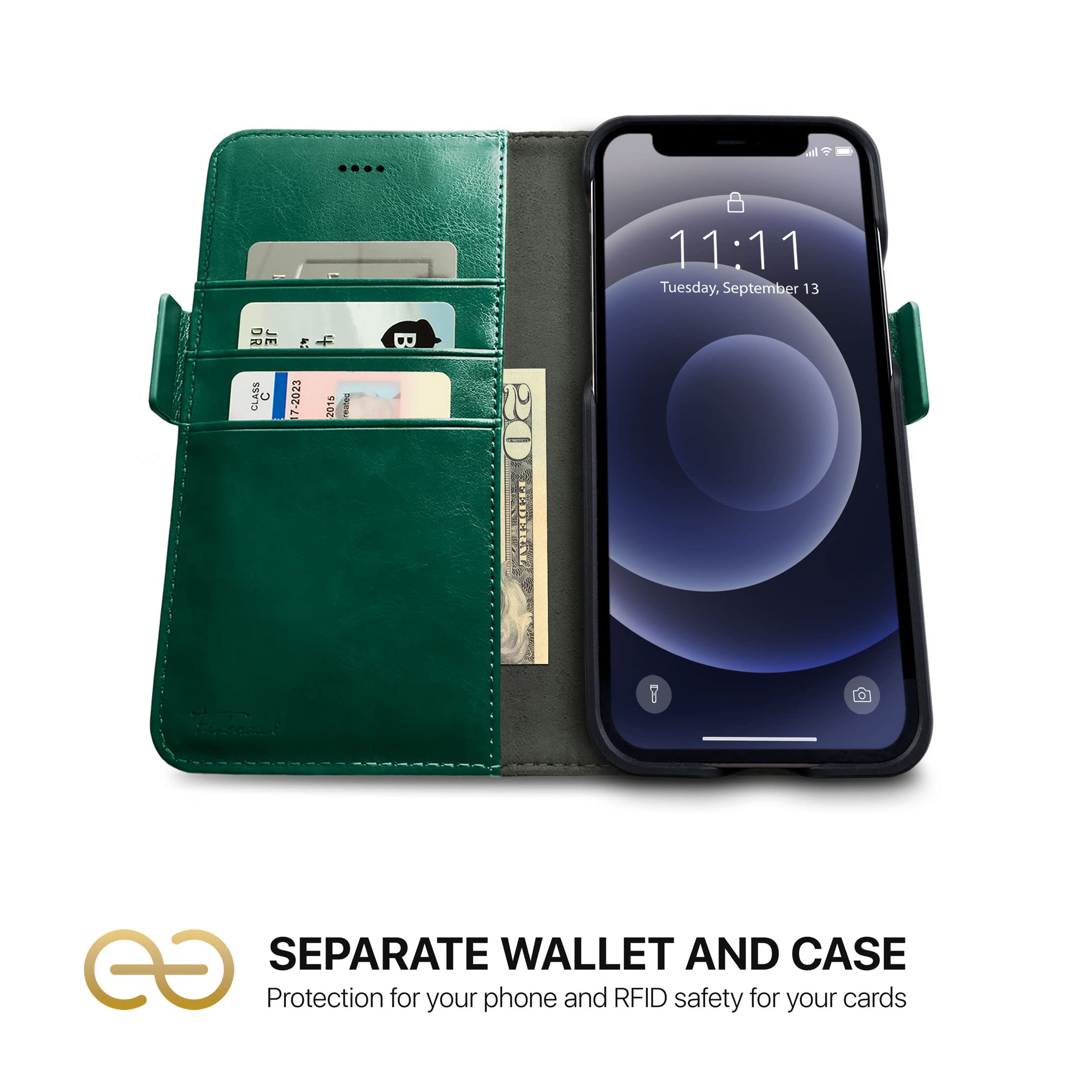 dreem Fibonacci 2-in-1 Wallet Case for Apple iPhone 12 & 12 Pro - Luxury Vegan Leather, Magnetic Detachable Shockproof Phone Case, RFID Card Protection, 2-Way Flip Stand - Green — view 2