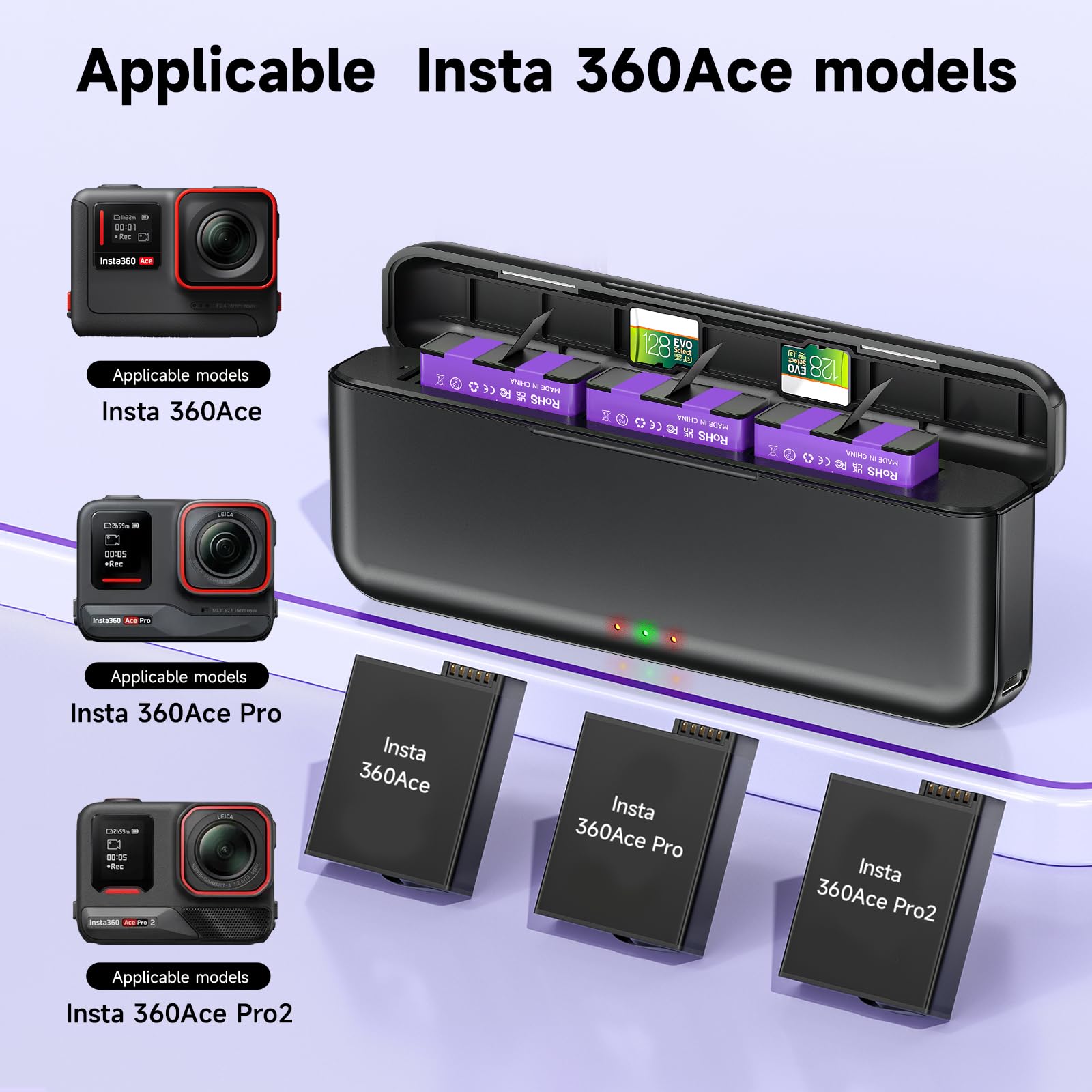 CITYORK Cargador de 3 ranuras y 2 baterías de 2400 mAh Compatible con Insta360 Ace/Ace Pro/Ace Pro 2, Batería de repuesto para Insta360 Ace/Ace Pro Kit de cargador de batería Accesorios con pantalla