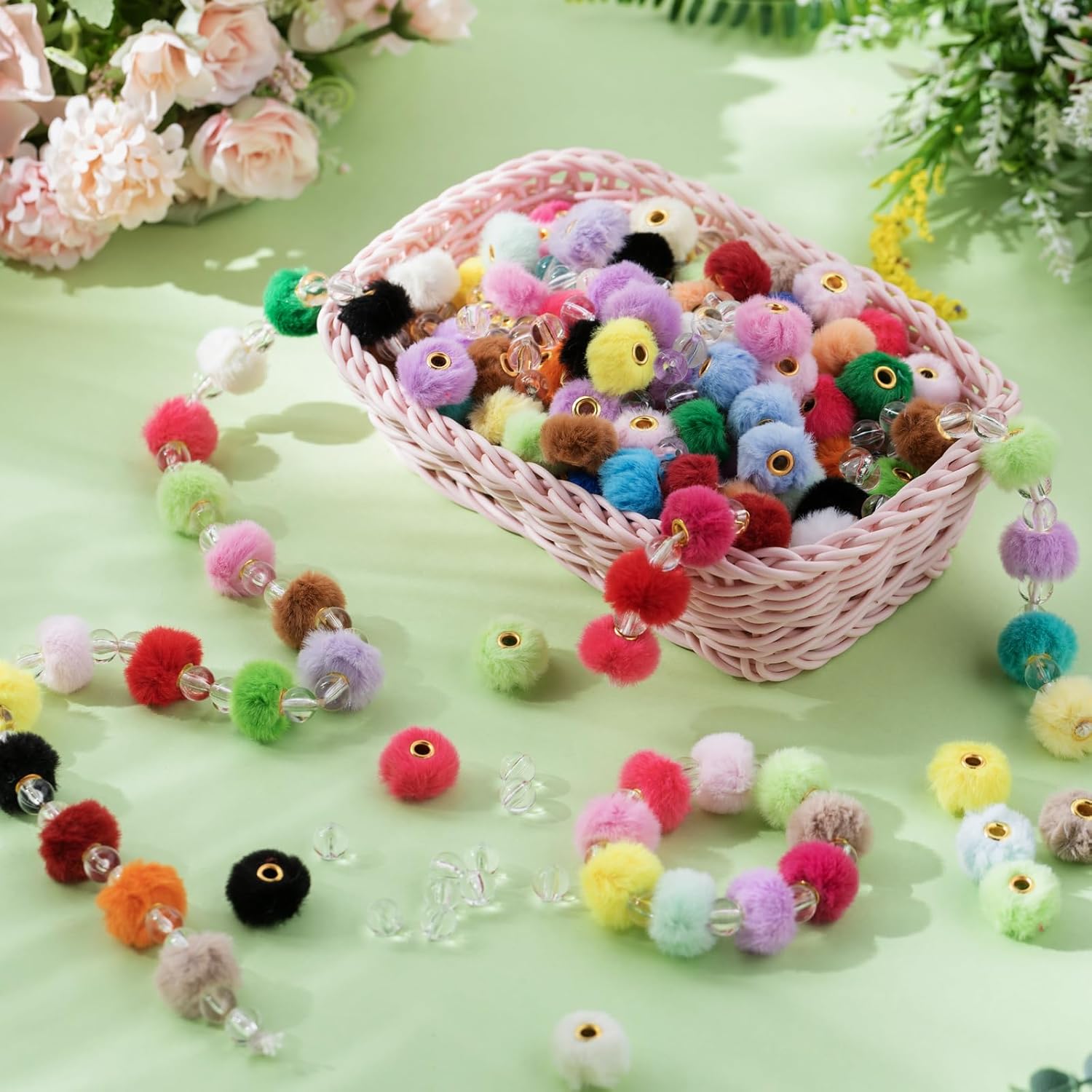 Ferreve 360 Pcs Fuzzy Poms Beads for Pens Bulk Holiday Soft Fluffy Spacer and Clear Beads for DIY Bracelet Keychain Handicrafts Making Jewelry Accessories Gift Easter Supplies(Mlticolor)