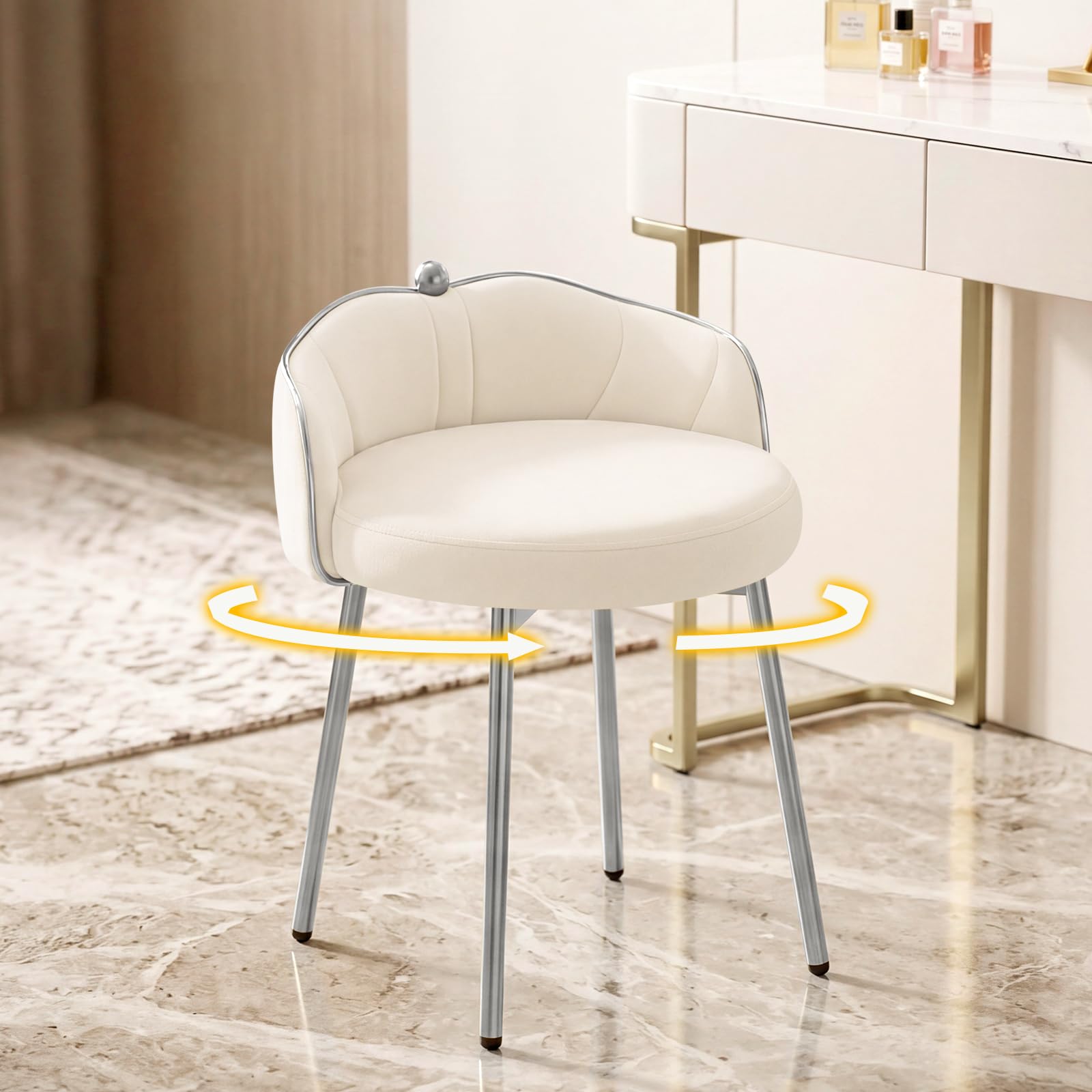 Hellove Sedia Trucco Girevole 360° in Velluto con Piedini Argento, Sgabello per Toeletta Trucco Rotondo, Pouf Poggiapiedi Pivotante con Schienale Curvo e Seduta Imbottita, Sgabelli per Camera, Beige