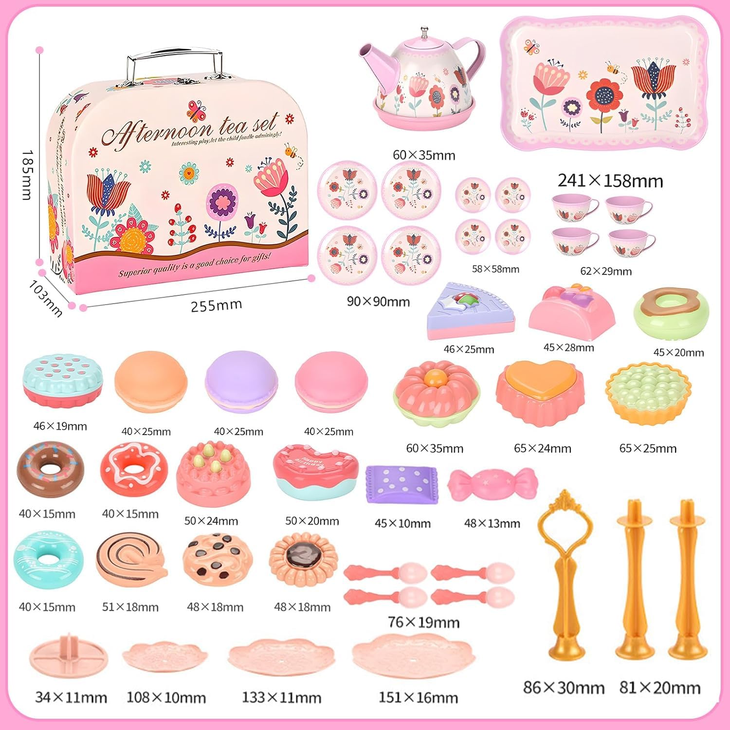 Teeservice Kinder, 46 Teile Puppengeschirr Kinderküche Tin Teekanne Set, Spielküche Zubehör für Kinder Küche Tee Party, Rollenspiele für Spielzeug Mädchen 3 4 5 6 7 Jahre Geschenkideen