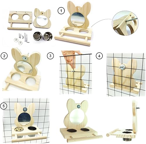 Miniatura 5 de Perca de loro de juguete para pájaros con espejo y tazas de alimentación de acero inoxidable para periquitos, jaula de columpio, espejo de madera,