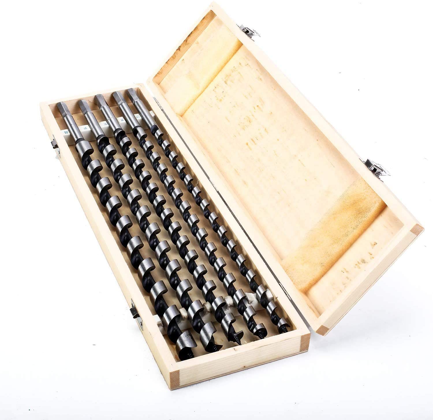 Juego de brocas para madera (460 mm, extralargas, 5 piezas, en caja de madera, taladros para madera, brocas de viga, brocas en espiral, 12 mm, 14 mm, 16 mm, 18 mm, 20 mm)