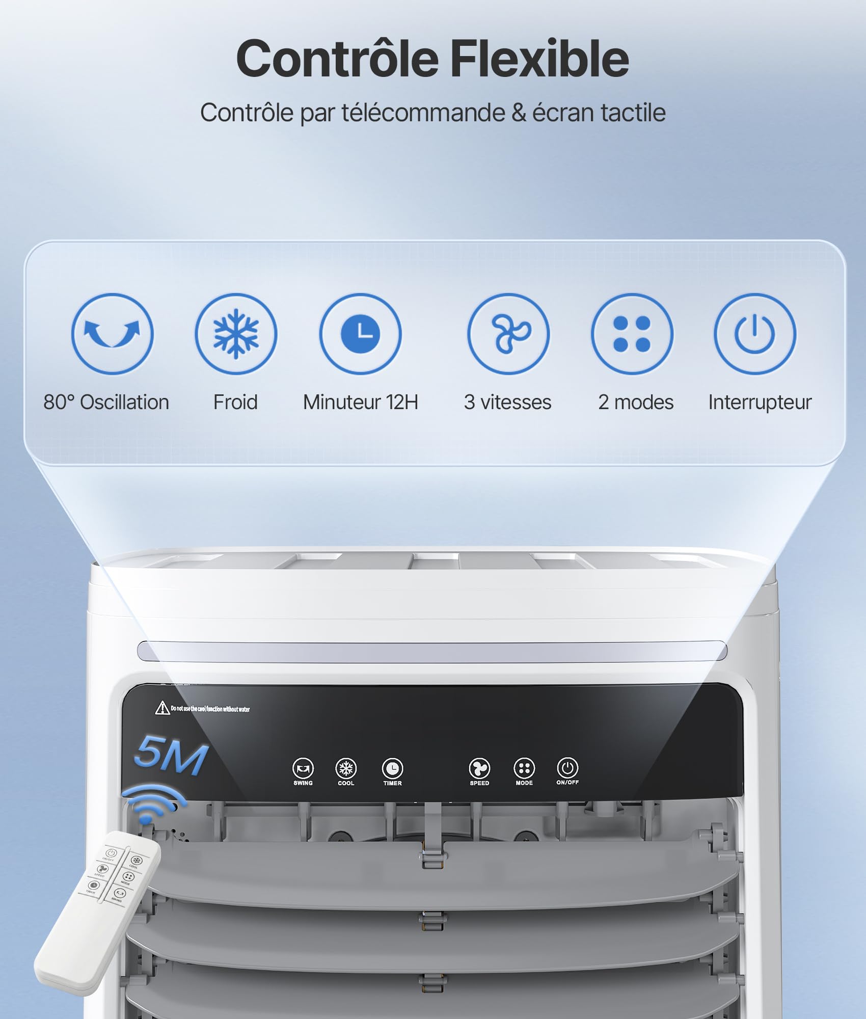 Rafraîchisseur d’Air Mobile 25L avec Eau - Alternative Auclimatiseur Mobile Sans Évacuation, Oscillation 80°, Télécommande, Minuterie 12H, pour Appartement & Atelier, Blanc