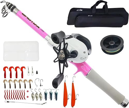 Combo de carrete de caña de pescar telescópico - Juego de caña de pescar con señuelos, bolsa de transporte para viajes de agua salada y agua dulce