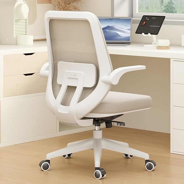 Hbada Office Chair Task Desk Chair Swivel Home Comfort Chairs with Flip-up Arms and Adjustable Height, White