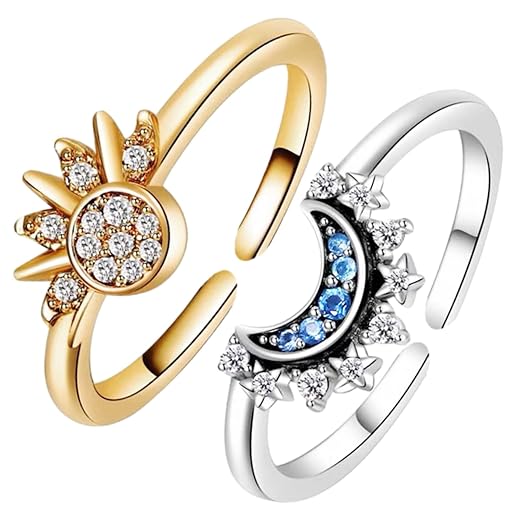 2 Piece Moon Sun Kit, Women's Adjustable Ring, Anti-Stress Ring, Open Rings Gift for Women, Girls, Zinc, Diamond
