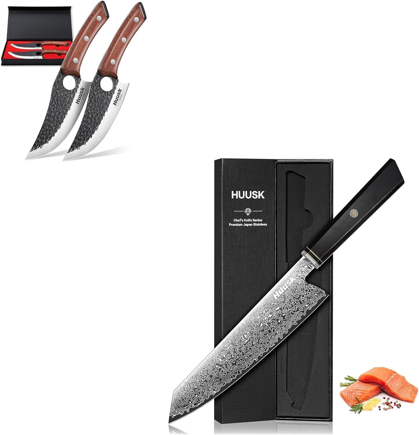 Huusk Damascus Kiritsuke Knife Bundle with Viking Knife Set of 2