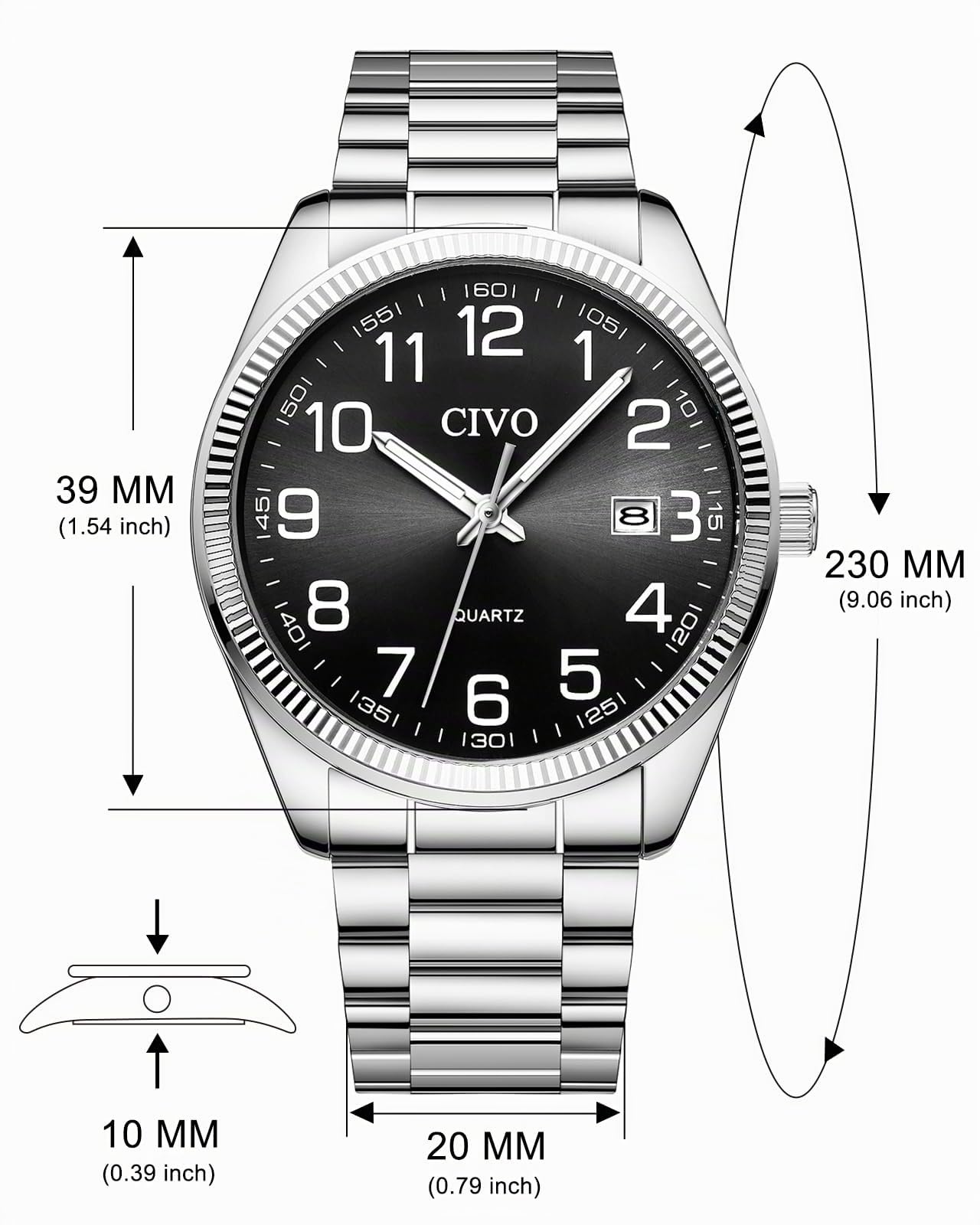 CIVO Lecture Facile Montre Homme: Acier Argent Analogique Quartz Montre Bracelet Etanche Date Lumineuses - Grands Nombres pour Personnes Âgées Ayant Une Mauvaise Vue