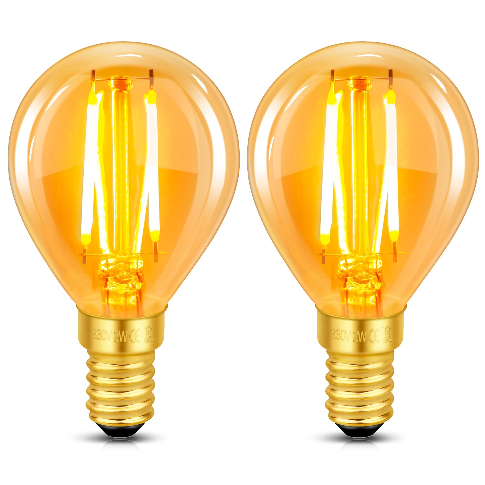 Vintage Light Bulb E14 Edison Screw Bulb, 2W LED Filament Equivalent 20 Watt, Antique Style Retro Amber Glass 2200K Warm White, 200LM, AC 220V, Non-dimmable, Mini G45 Golf Ball Bulbs, 2 Packs