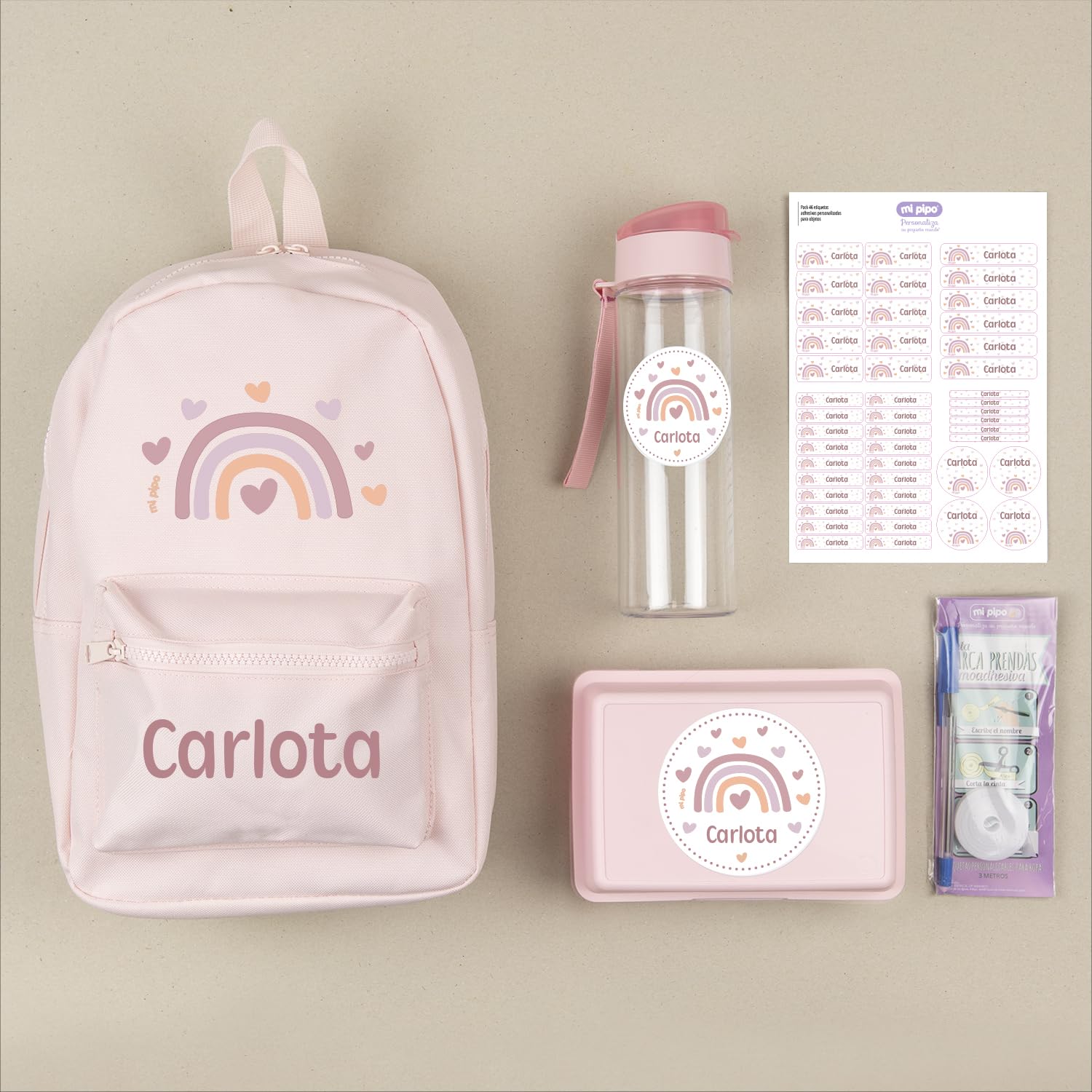 Pack Vuelta al Cole Personalizado - Arcoiris Blush | Set Colegio con Todo lo Necesario, Primaria, Infantil | Personalizado con Nombre, Cómodo, Fácil de Lavar | Ideal para Colegio, Guarderia