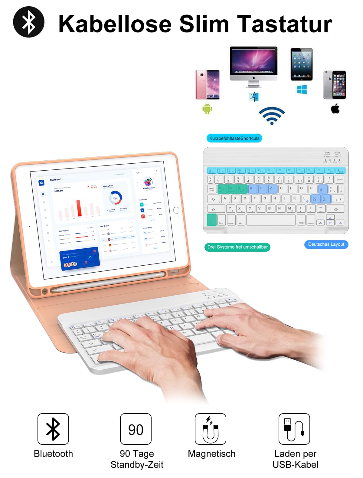 Étui Clavier Bluetooth Pour IPad 10,2" (9e/8e/7e Gen) - Clavier Amovible QWERTZ - Protection TPU - 8