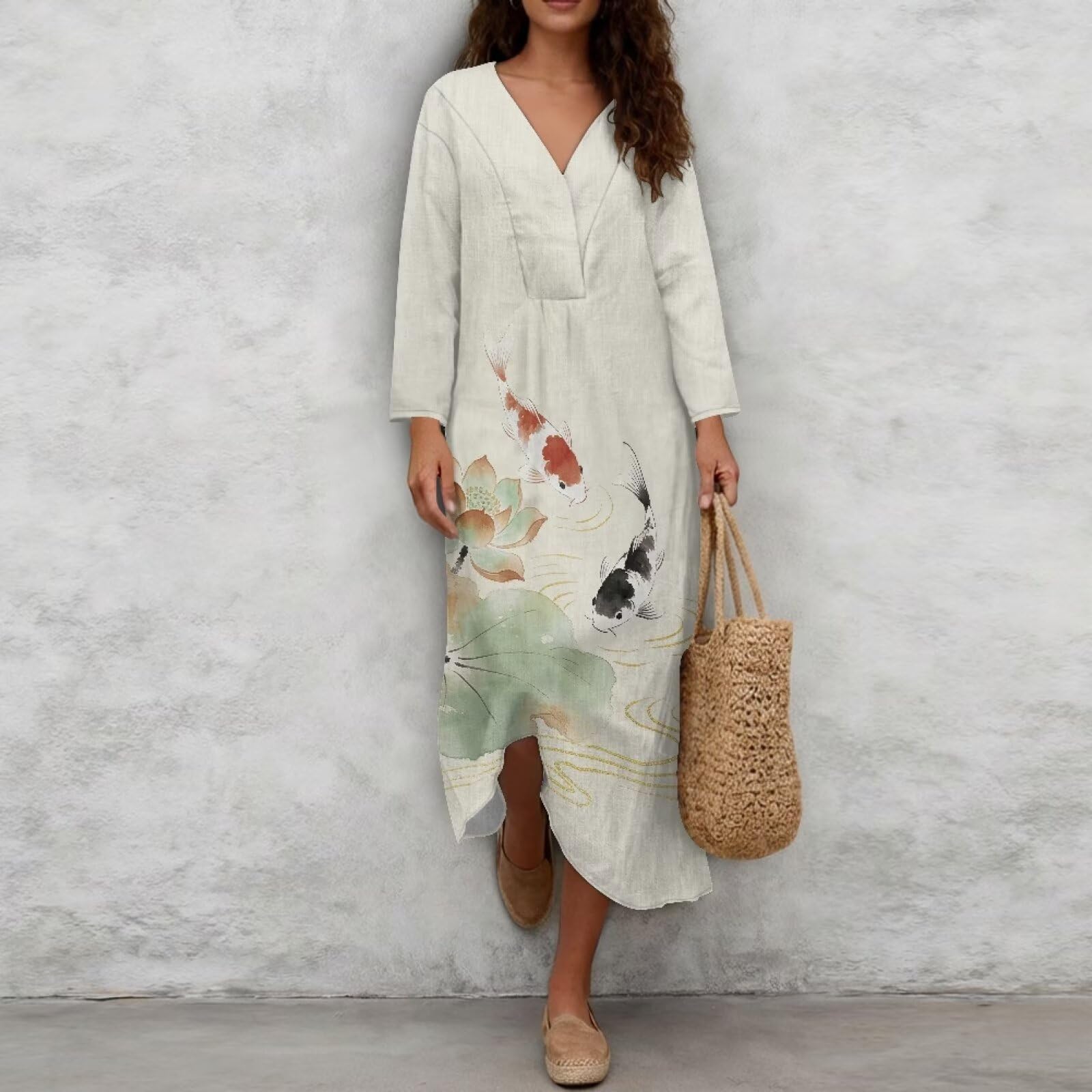 Wanyint Abito boho chic da donna con maniche a 3/4, scollo a V, tunica midi fluida, abito casual da spiaggia e chiesa, S-4XL