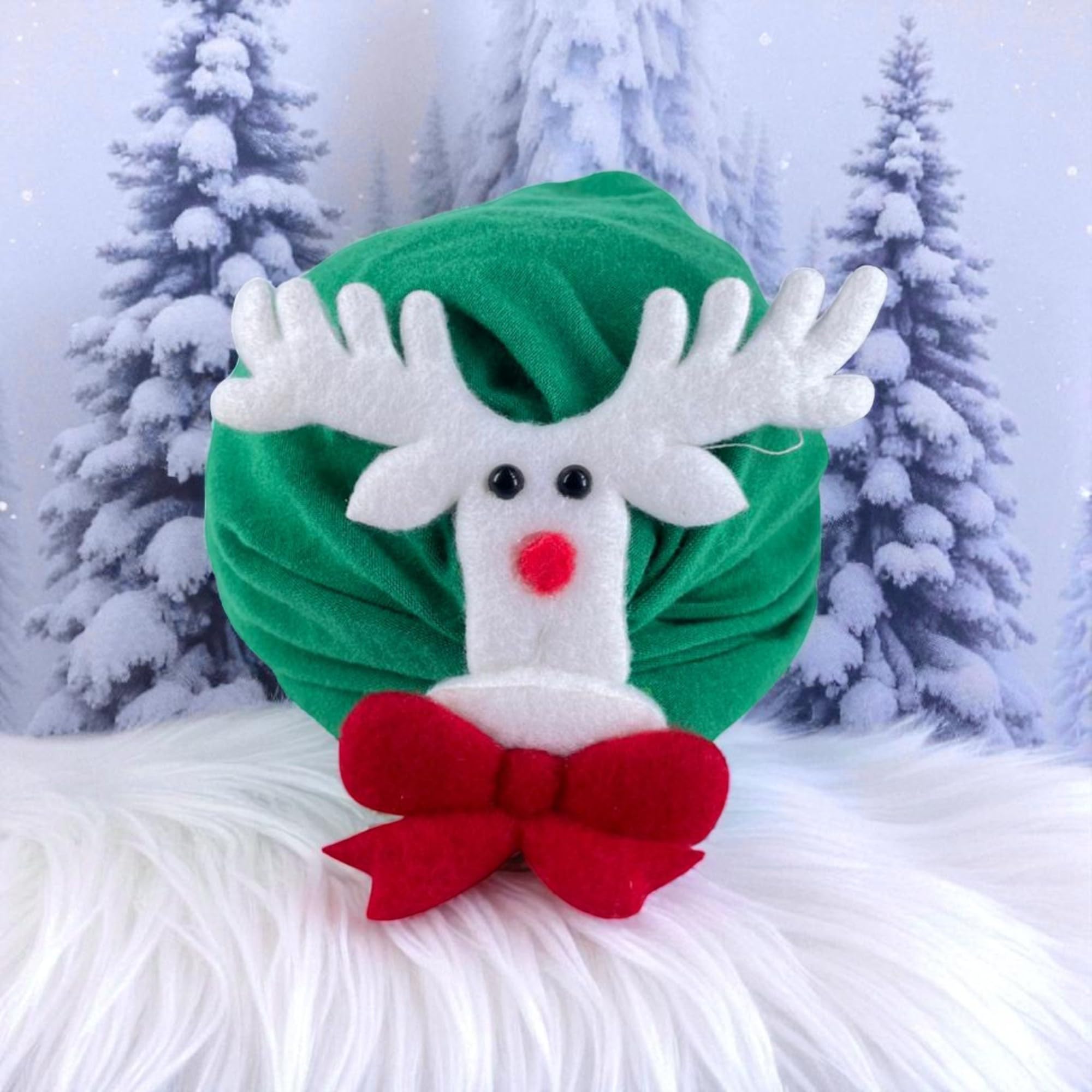 OMID, Christmas Reindeer Antler Plush Hat with Red Bow – Festive Holiday Party Cap 1