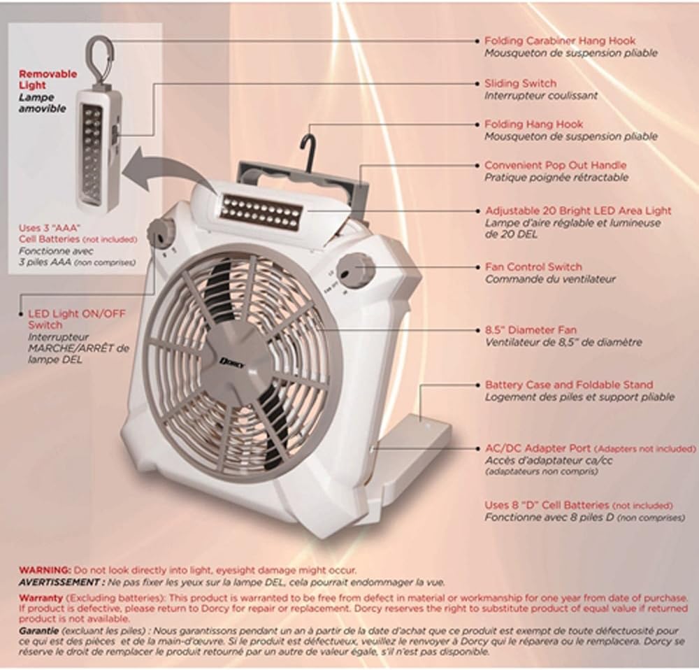Dorcy Combination 2-Speed 20-LED 3-in-1 Fan and Utility Light with Folding Hook and Stand, White (41-3114)