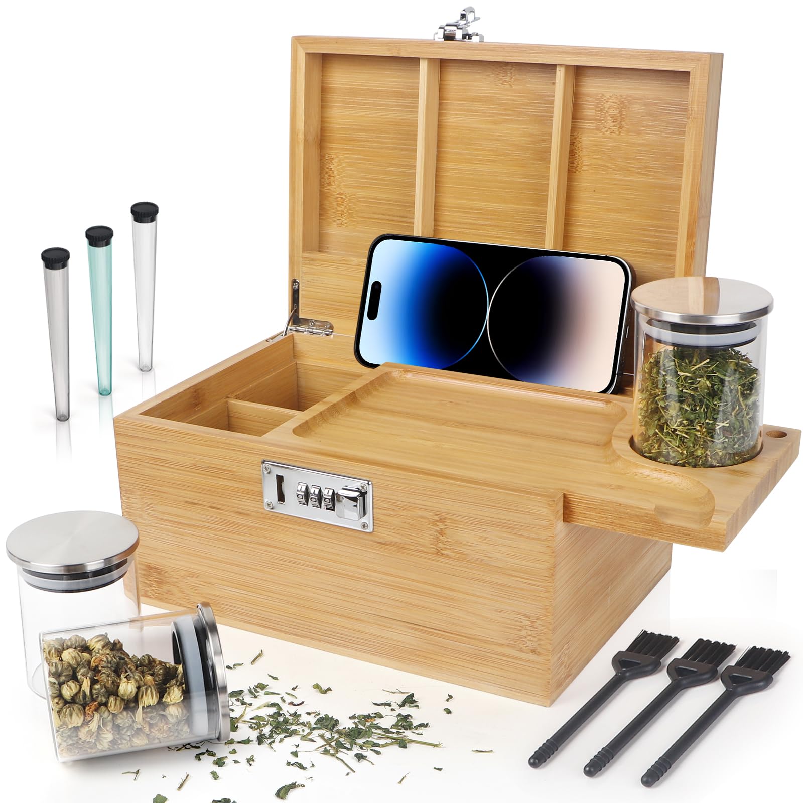 Caja grande de bambú con cerradura de combinación, caja de almacenamiento decorativa con compartimento desmontable, caja de madera con tarros y cepillos Alright como gran opción de regalo.