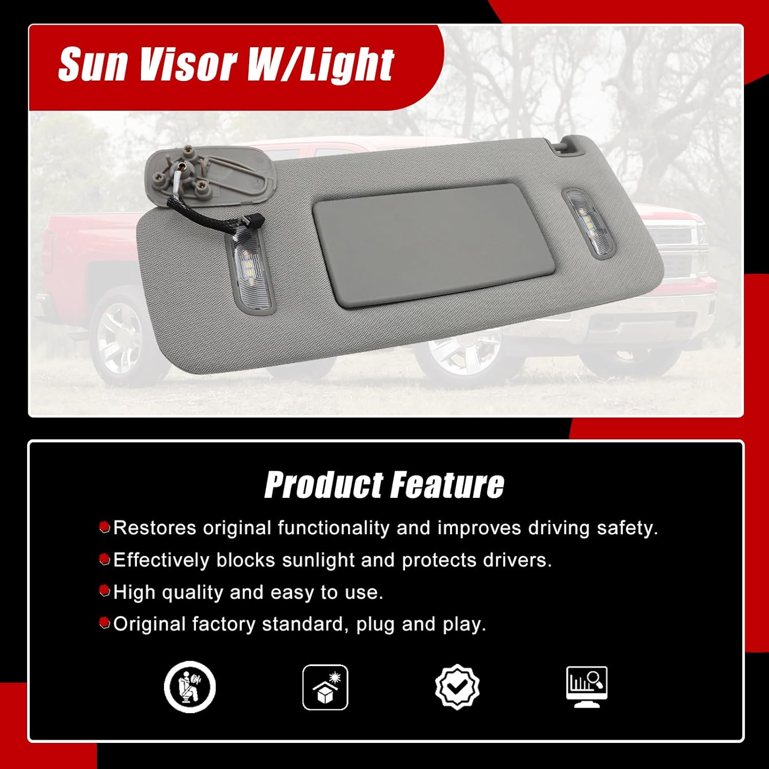 SecosAutoparts Gray Driver Side Sun Visor W/Light Fit for Chevrolet Silverado 1500 2500 3500 Suburban Fit for GMC Sierra 1500 2500 3500 Yukon Fit for Cadillac Escalade Replace# 23459655 22870346