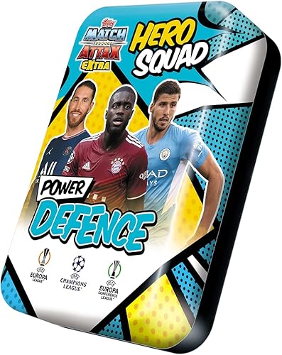 2021-22 Topps Match Attax Extra Champions League Cards - Mega lata de defensa de poder (66 cartas + 3 cartas LE Power Defence + tarjeta LE Hero