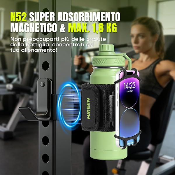 BOOSTEADY Porta Borraccia Palestra Magnetico con Supporto Ruotabile a 360°, Supporto Borraccia con Tasche per Auricolari e Chiavi, Adatto per Fitness, Corsa, Bicicletta - 3