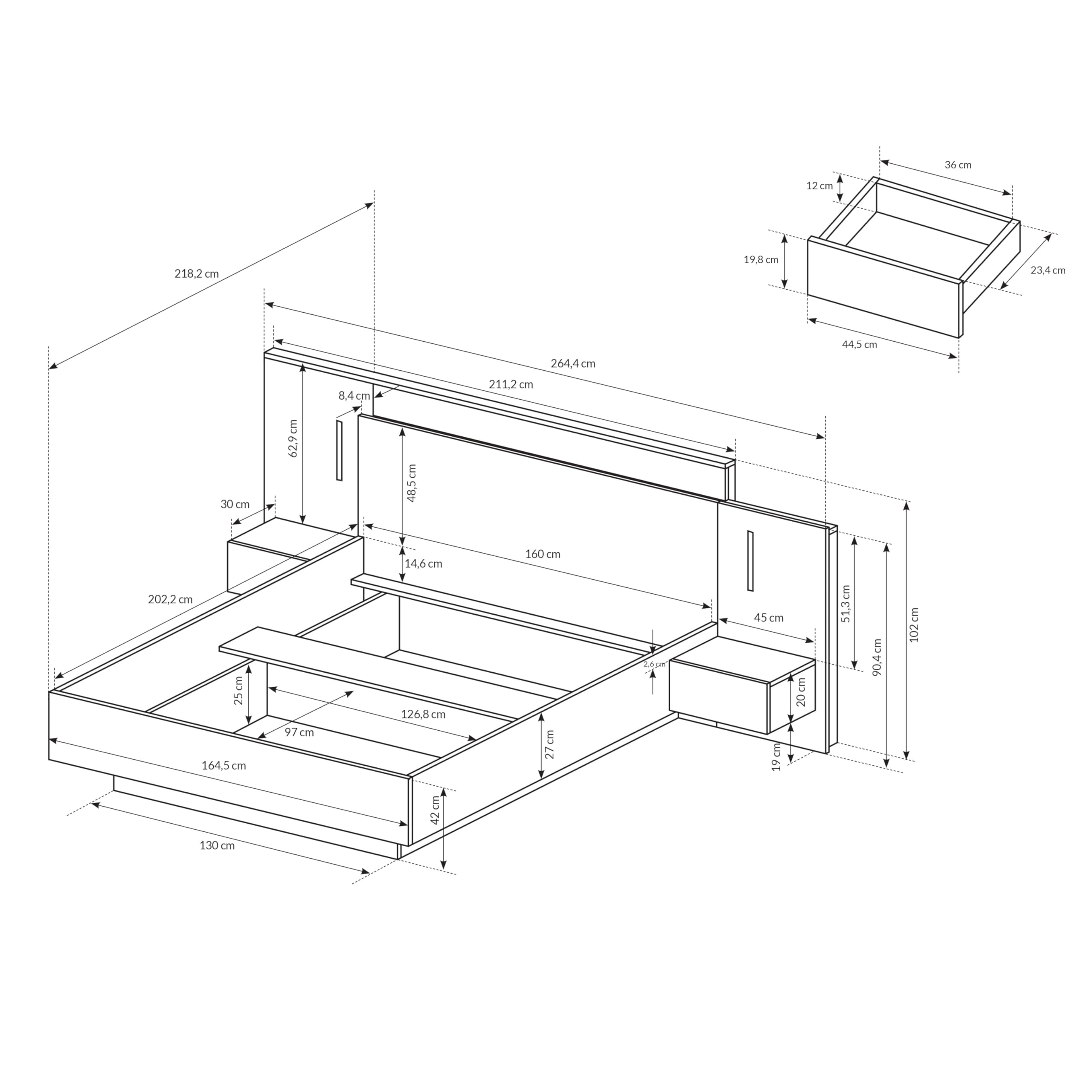 3D Schlafzimmer-Set 3-teilig: Bett Mit Zwei Nachttischen, Großer Kleiderschrank Mit Spiegel, Kommode - Kinderzimmer Weiß Eiche