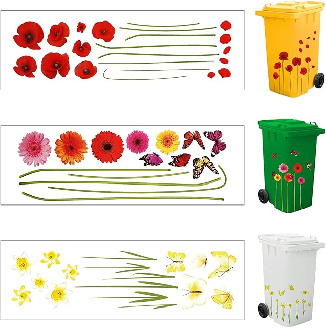 Fanshiontide 3 Sheets Wheelie Bin Stickers, Flowers Dustbin Decals Self-adhesive Waterproof Vinyl House Decorative Stickers Bin Labels for Cars Fridge Classroom Home Office