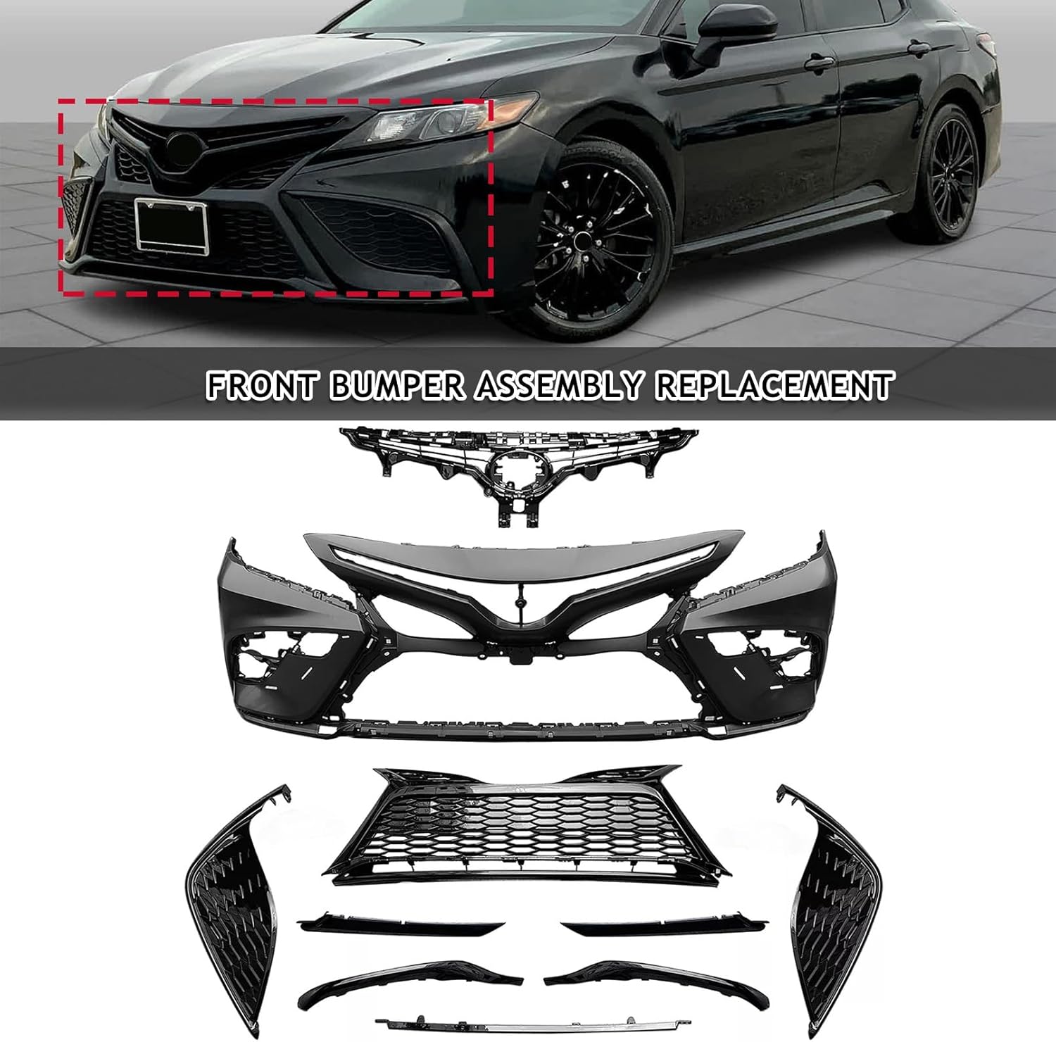 Bewild Front Bumper Assembly Fit For 2021 2022 2023 Toyota Camry SE XSE W/Front Bumper & Honeycomb Grille & Black Trim & Fog Light Bezel Set Replacement