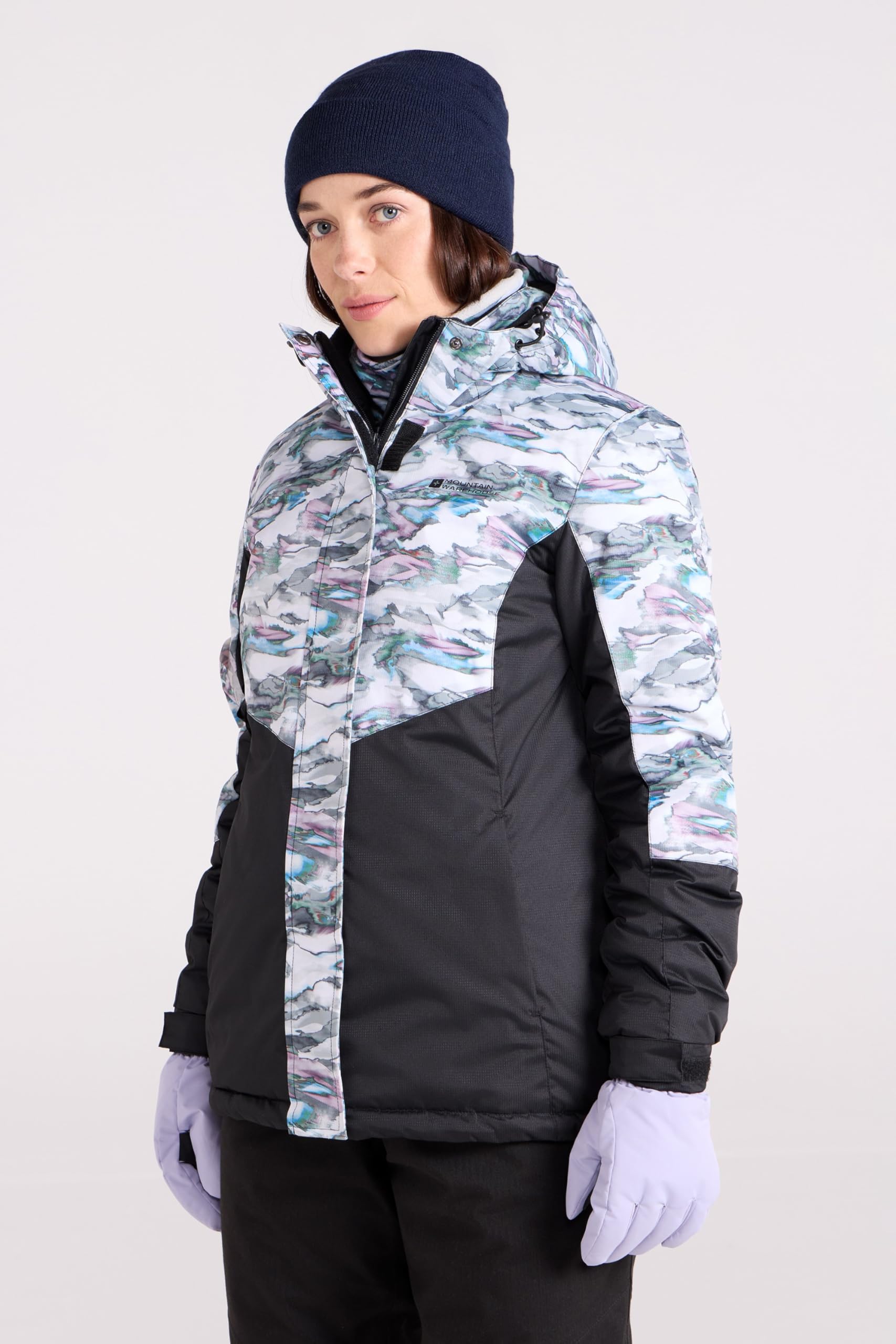 Mountain Warehouse Dawn Veste de ski pour femme – Imperméable à la neige – Veste chaude doublée en polaire, poignets réglables, ourlet et capuche – Vêtement de ski idéal en hiver, gris, taille 38