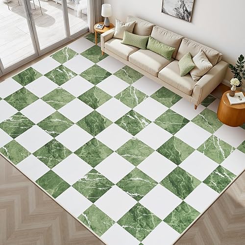 Yinhua Checkered Washable 8x10 Area Rugs for Living Room, Neutral Non Slip Area Rugs for Bedroom, Classic Geometric Large Throw Rug Soft Green Marble Plaid Carpet Rug for Nursery Playroom Dining Room