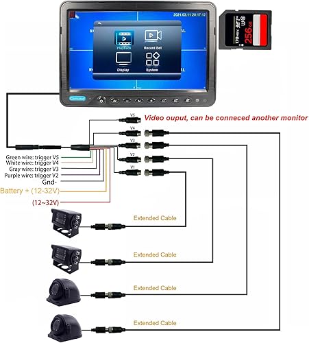 Miniatura 7 de Sistema de cámara de respaldo 1080P con pantalla de 10 pulgadas con cable, grabadora DVR, pantalla dividida cuádruple, monitor de automóvil + 2