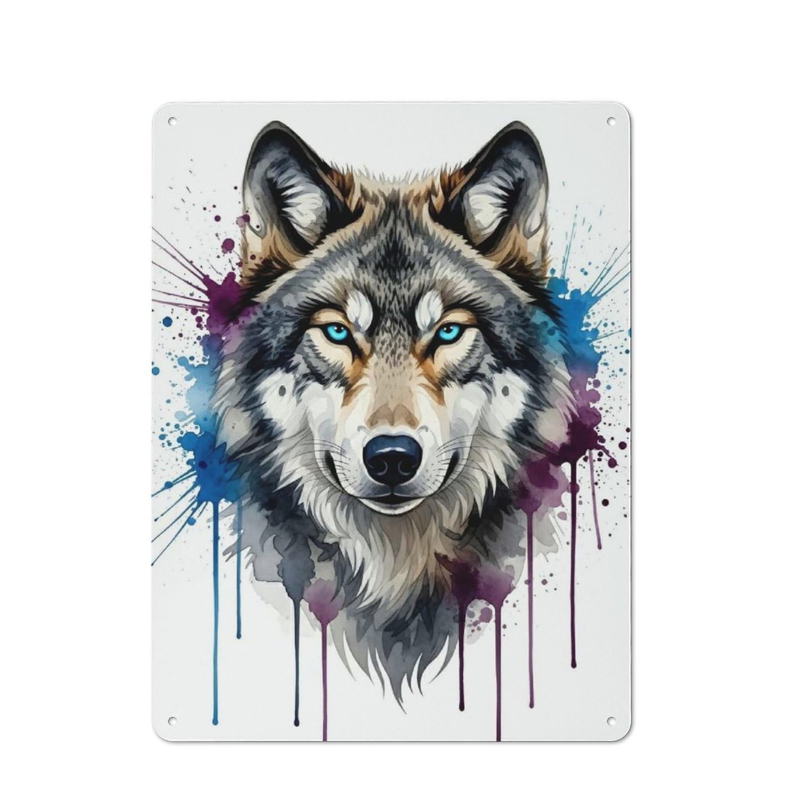 Watercolor Wolf Portrait with Splashes Creative Metal Wall Decor 40x30cm, Decorative Metal Sign for Office, Study, Studio Or Hallway
