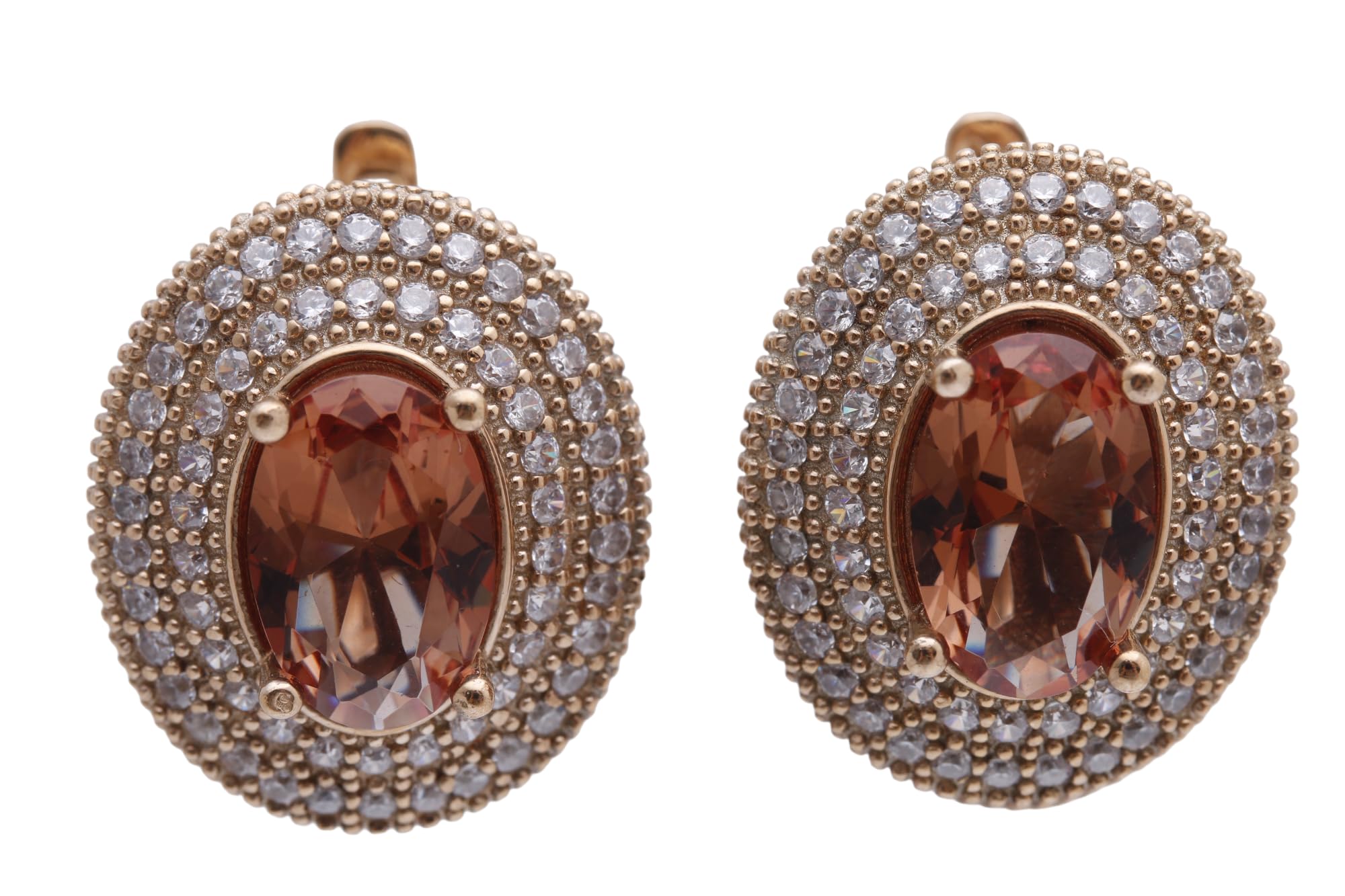 Turkish Handmade Jewelry Small Oval Shape Orange CZ and Round Cut Topaz 925 Sterling Silver Stud Earrings