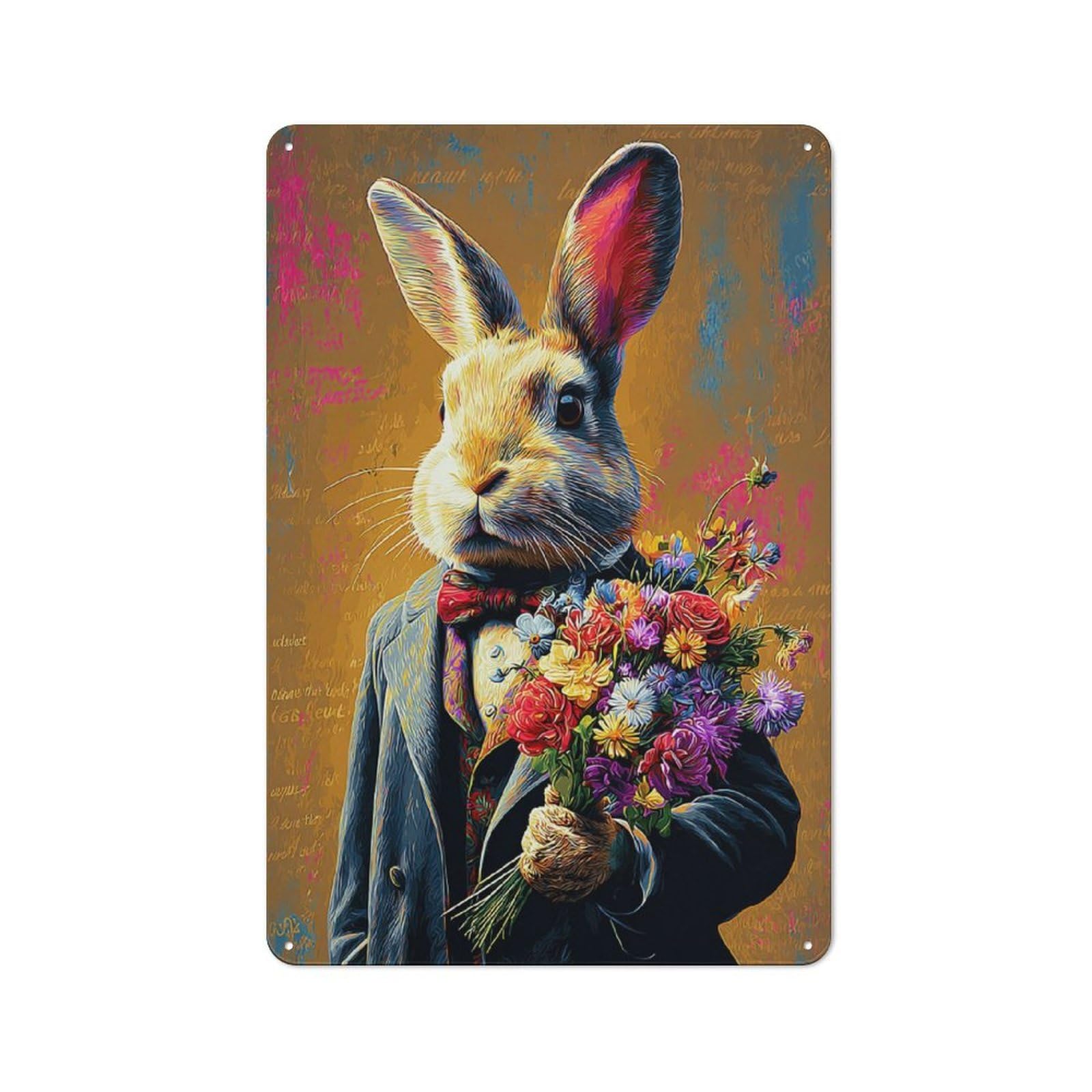 Junmoney Artistic Rabbit With Flowers 30X20cm Retro-Style Tin Sign With For Café Or Home Bar, For Metal Sign Collectors, For Garage And Workshop Walls