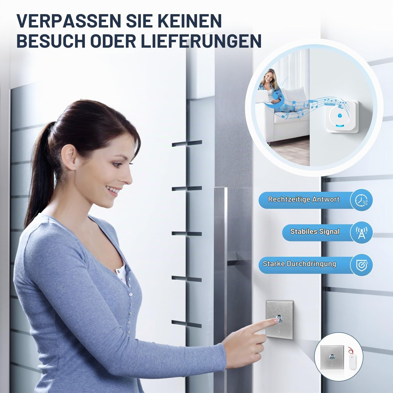 Türklingel Weiterleitung Funk - Funksignal Weiterleitung Erweiterung Sets 1 Funkkonverter + 2 Steckdose Empfänger für Türklingel Kabelgebunden 200M Reichweite & 5 Lautstärkestufen