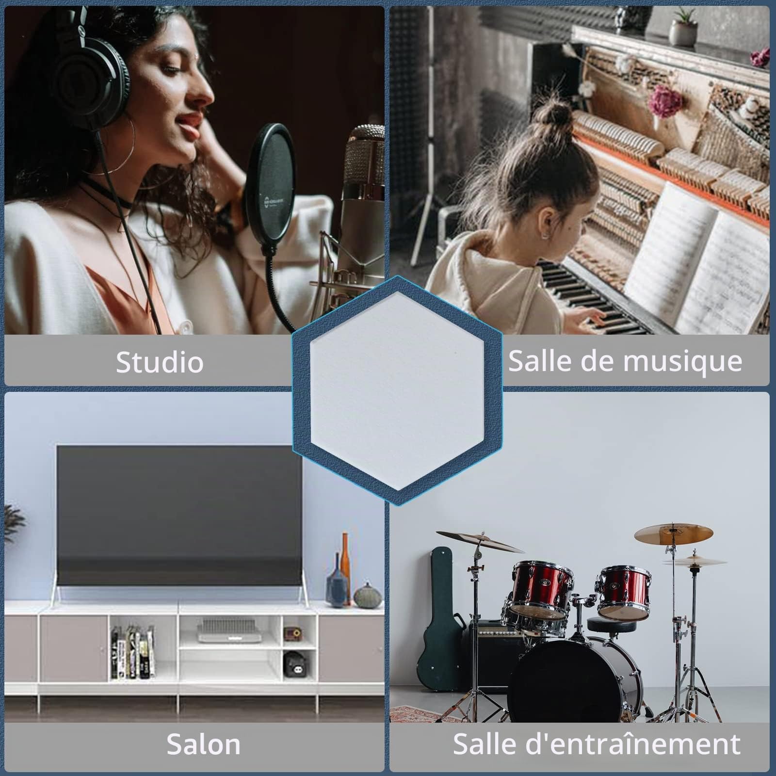 Lot de 24 panneaux acoustiques - Auto-adhésifs - Avec absorbeur de bruit - De forme hexagonale - Haute densité - Pour mur, plafond, bois et porte - 30 x 26 x 0,9 cm - Blanc