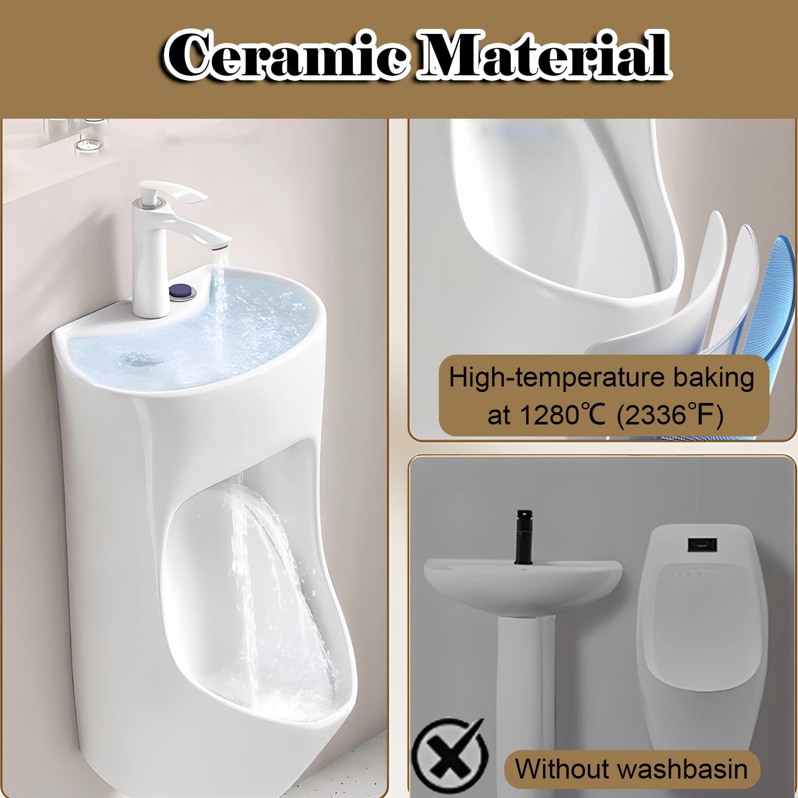 Orinal para hombre, de cerámica, para montar en la pared, con descarga para uso doméstico/comercial, ideal para escuelas, hoteles y centros comerciales, incluye accesorios (juego de 2)