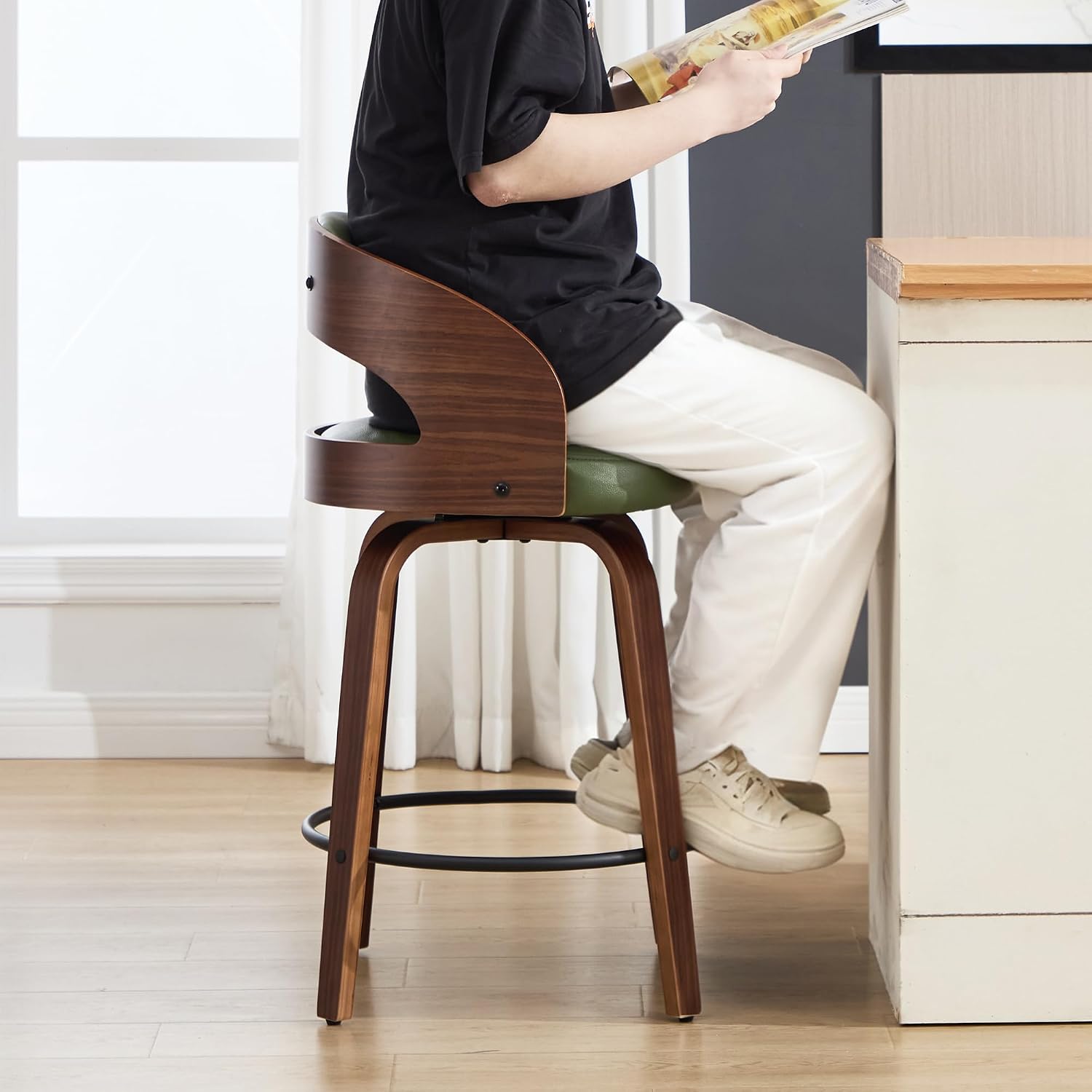 Swivel Bar Stools Set of 2,26" Faux Leather Upholstered Counter Height Barstools with Back,Mid-Century Modern Bar Chairs with Bentwood Legs and Footrest for Kitchen Island Bar Counter Green