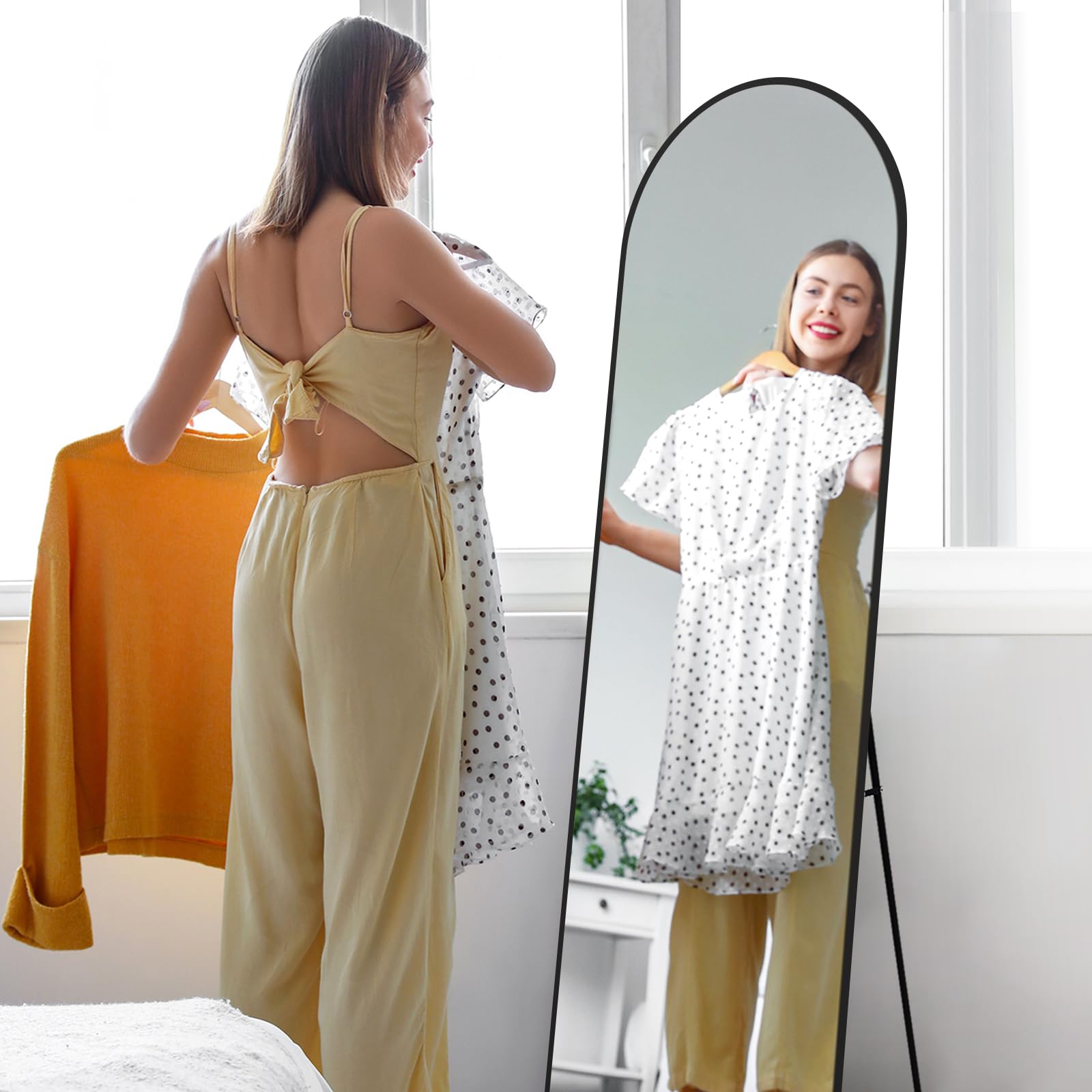 Melodieux Miroir Pleine Longueur, Arc, 147 x 44 cm, Grand Miroir autoportant, Cadre en Aluminium, Noir, pour Dressing, Salon, Chambre à Coucher