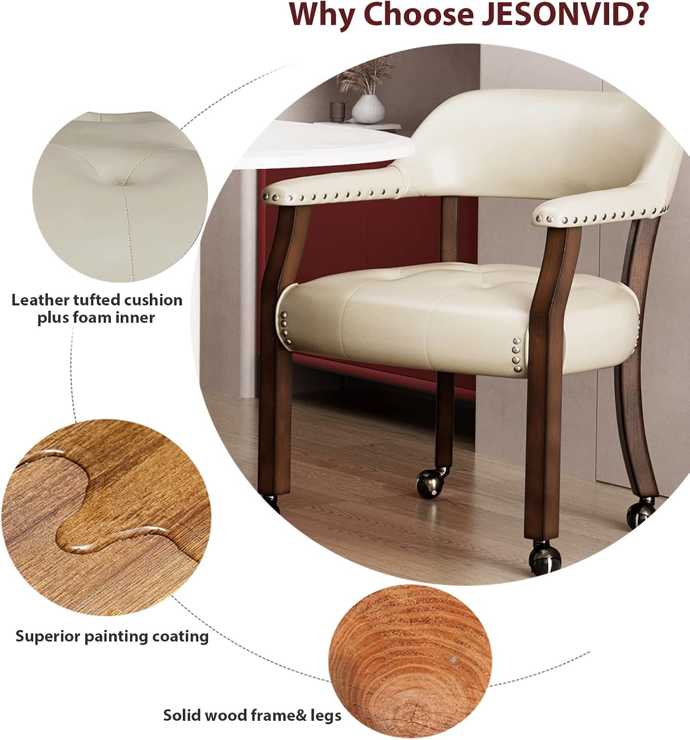 Dining Chair with Casters, Leather Chair with Caster & Nailhead Trime Dining Chairs with Rollers Curving Backrest Chairs with Wheels Kitchen Table Rolling Chair(Espresso&Beige 1910BG)
