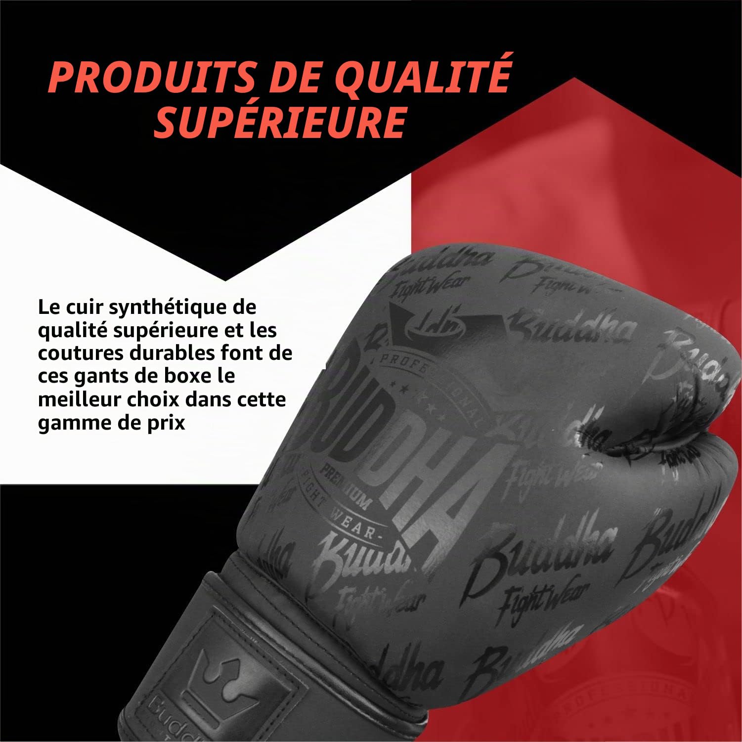 Buddha Fight Wear. Gants de boxe. Spécialement conçus pour la boxe, le Muay Thai, le Kick Boxing et le MMA Modèle Top Premium Noir Mat 10 Onces