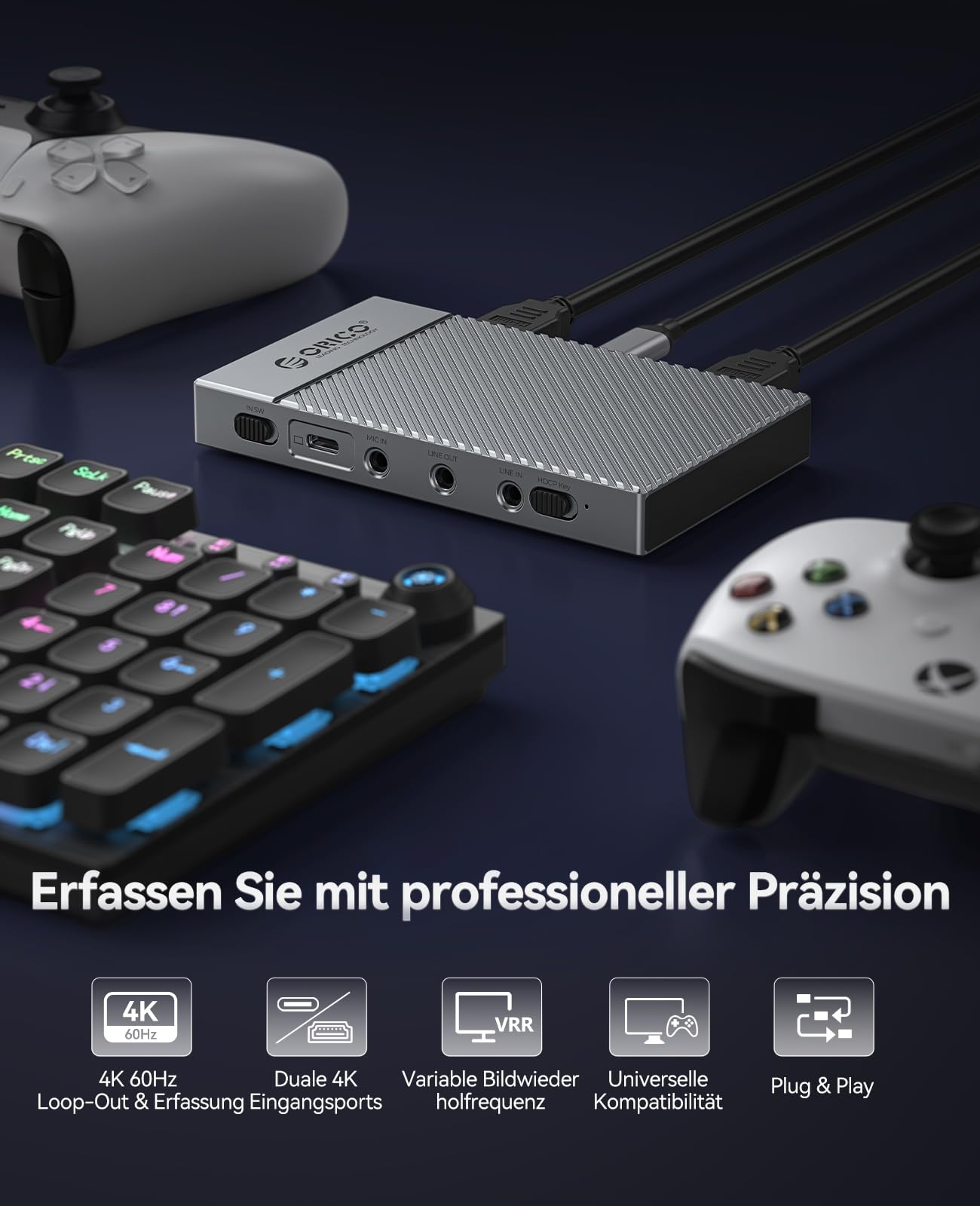 ORICO IS6 4K Portable HDMI Capture Card für Streaming, Dual 4K@60Hz Eingänge, USB-C mit Audioanschlüssen, kompatibel mit PS5, Xbox, Switch, OBS Recording, funktioniert mit PC, Mac, Laptop, iPad