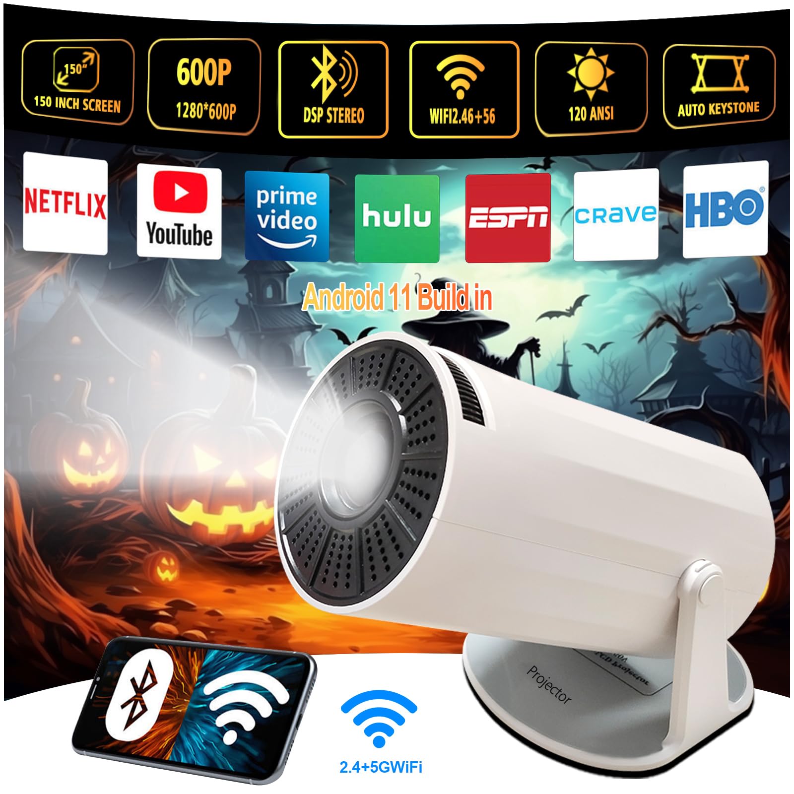 Projector with WiFi and Bluetooth , Mini Movie Projector, 270° Adjustable Stand Home Theater Outdoor Projector for Mobile Phone TV Stick Laptop