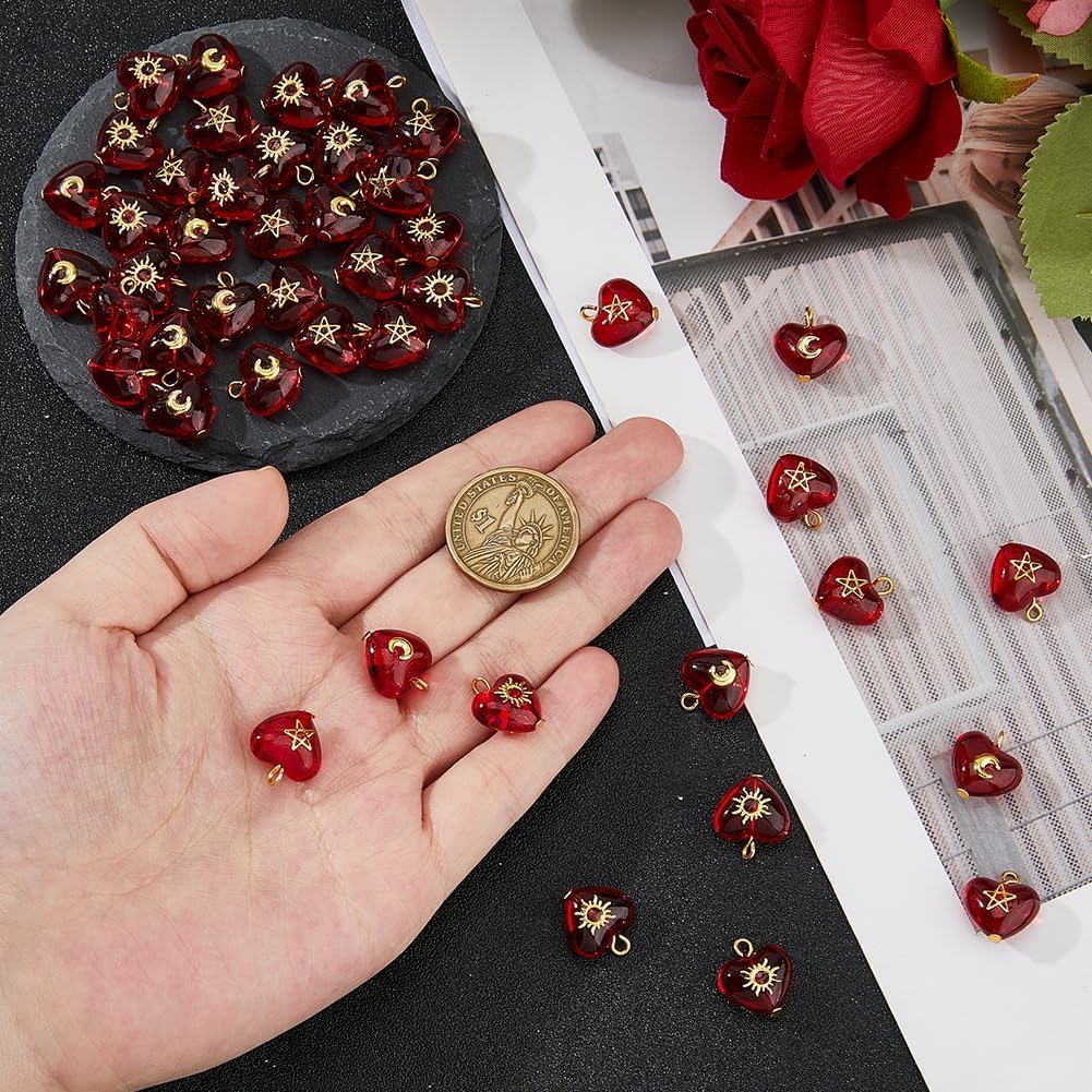 DICOSMETIC 45Pcs 3 Styles Red Heart Charm Glass Crystal Dangle Charms 16mm Valentine Charms with Sun Moon Star Pattern for Jewelry Making Bracelets Necklaces Earrings Keychains DIY Crafts - Image 3