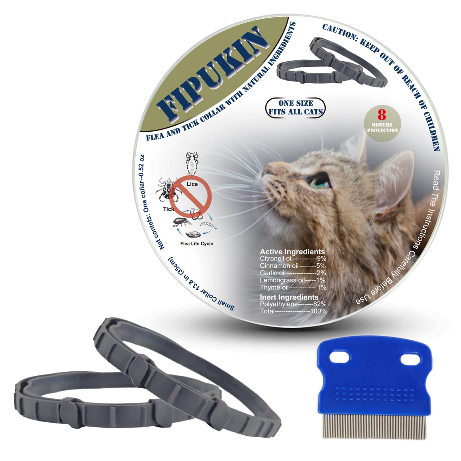 Natural Ingredients Flea Repellent Collar for Cats, Safe and Effective Flea and Tick Repellent, Waterproof, 8 Months Protection per Collar, Free Comb, One Size Fits All, 13.8 Inches, 2-Pack