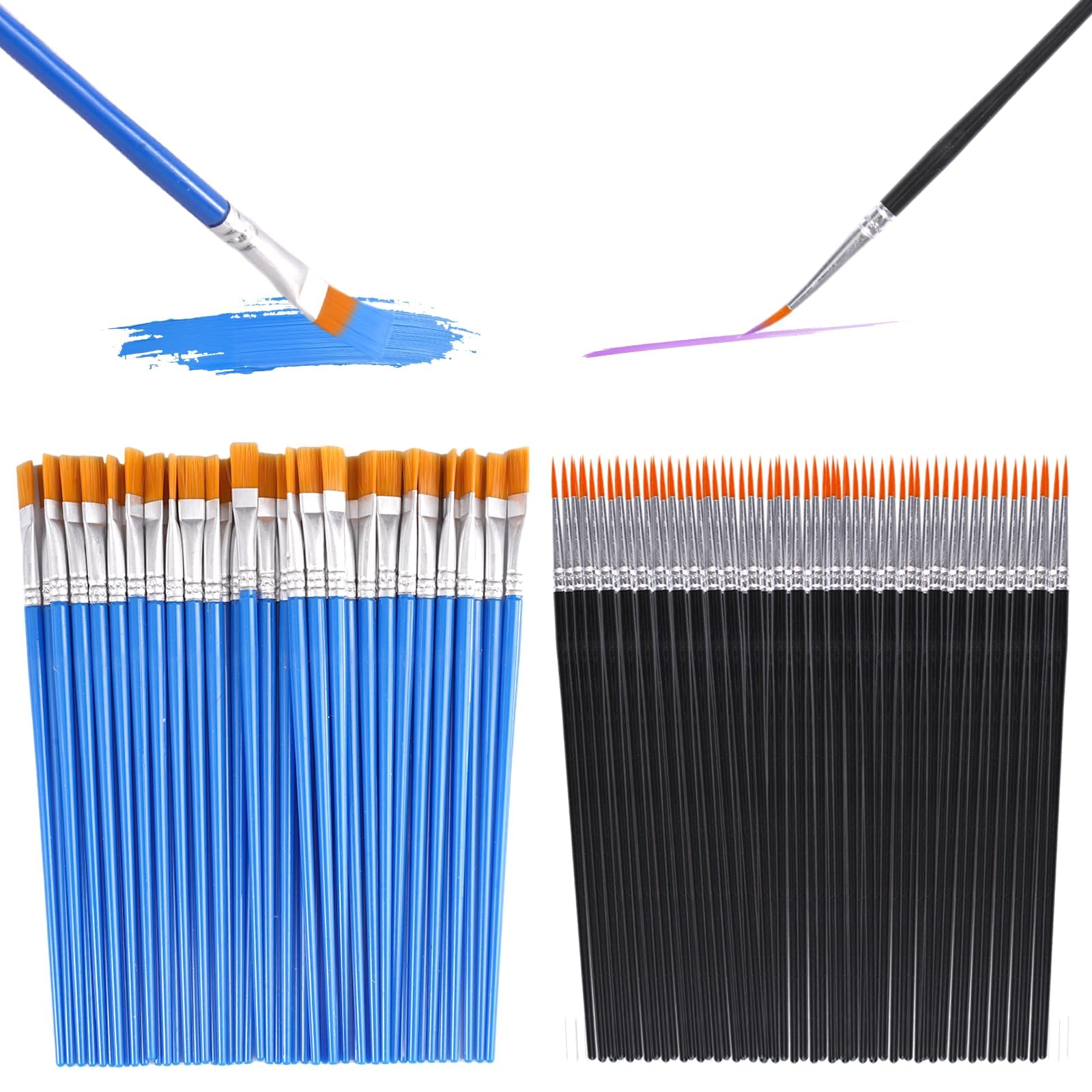 100 Pieces Small Paint Brushes Set with 50 Flat & 50 Round Pointed Brushes